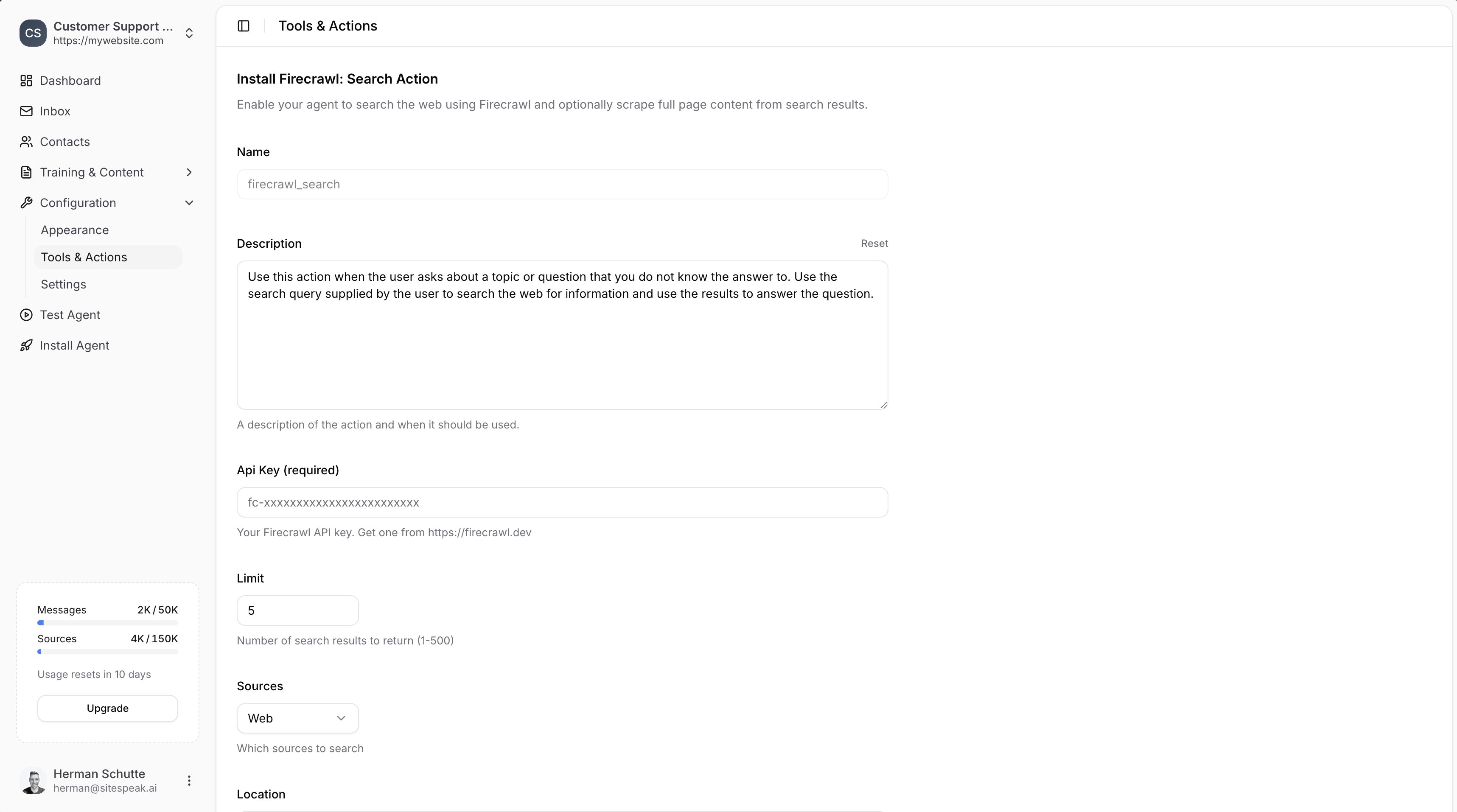 Firecrawl: Search configuration