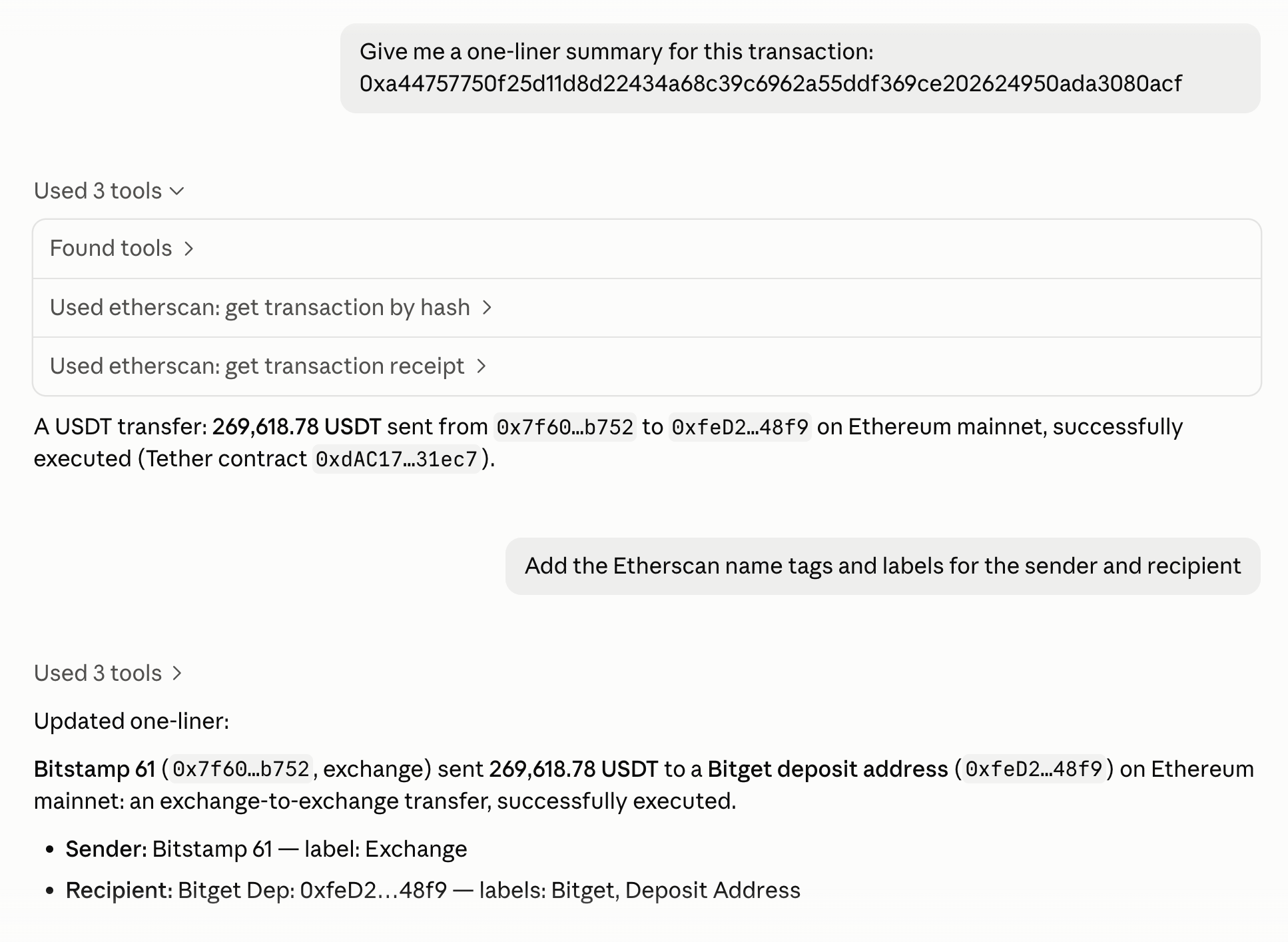 Claude Desktop giving a one-line summary of a USDT transfer via the Etherscan MCP, then adding Etherscan name tags: Bitstamp 61 sent 269,618.78 USDT to a Bitget deposit address