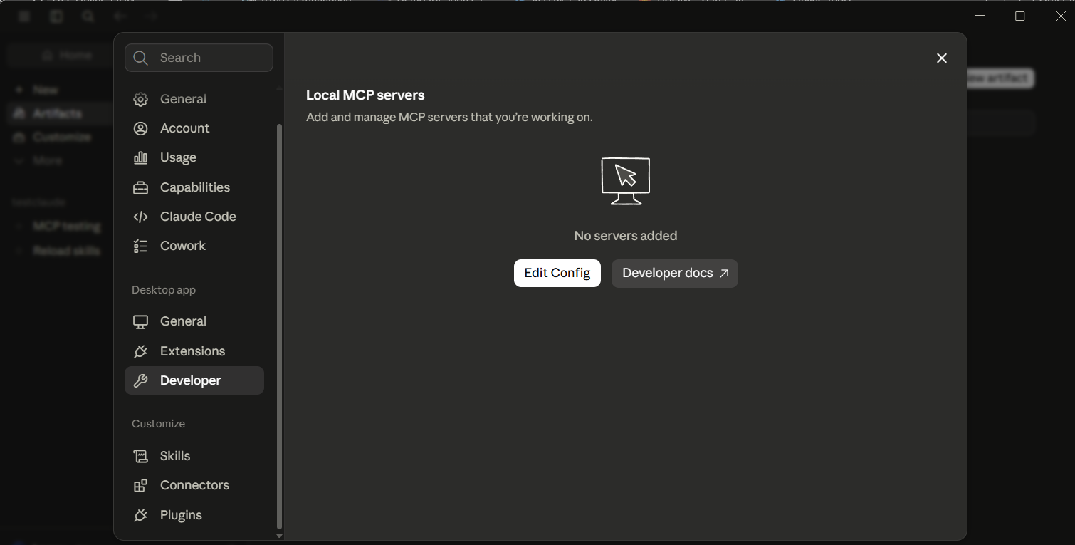 Claude Desktop Settings > Developer, showing the Edit Config button