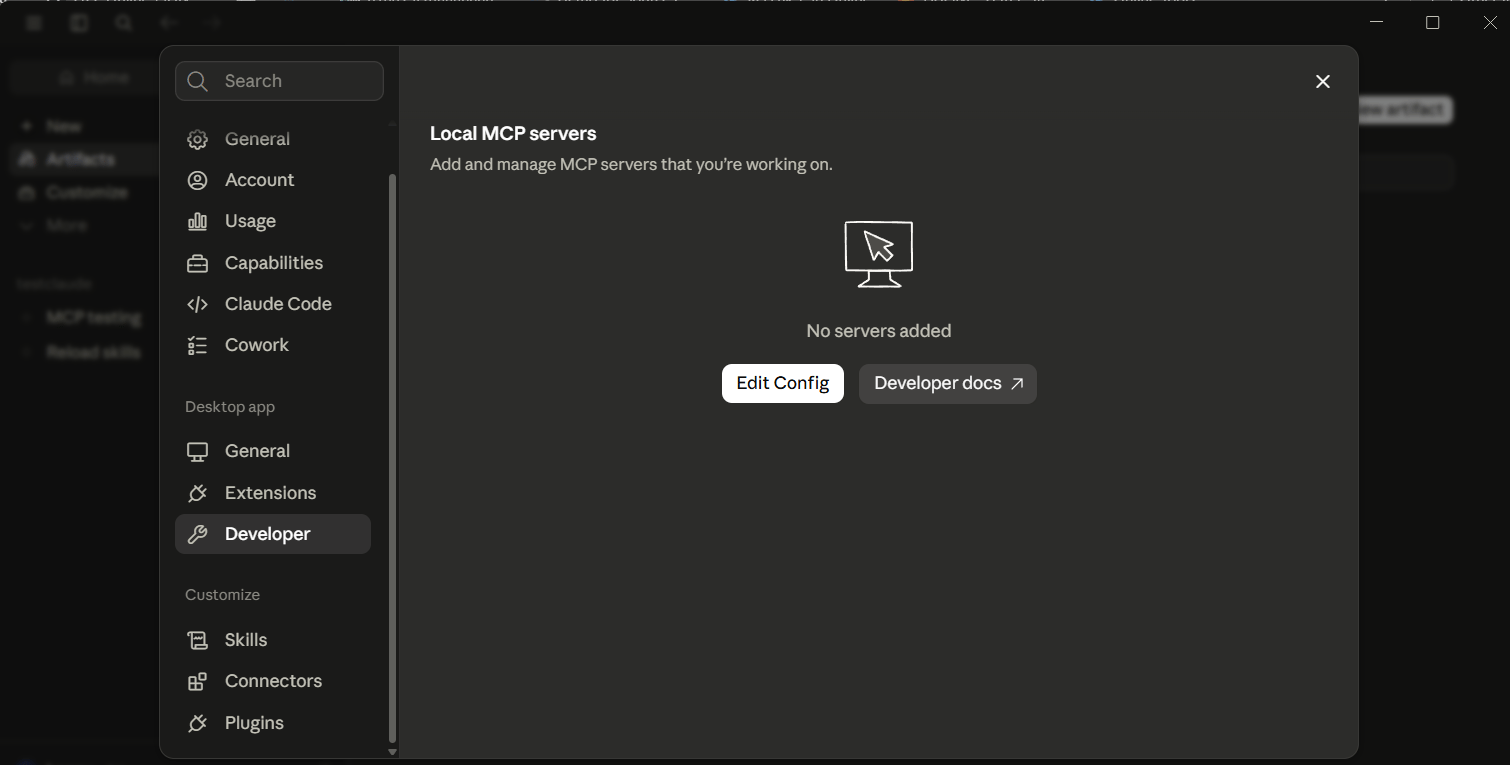 Claude Desktop Settings > Developer, showing the Edit Config button