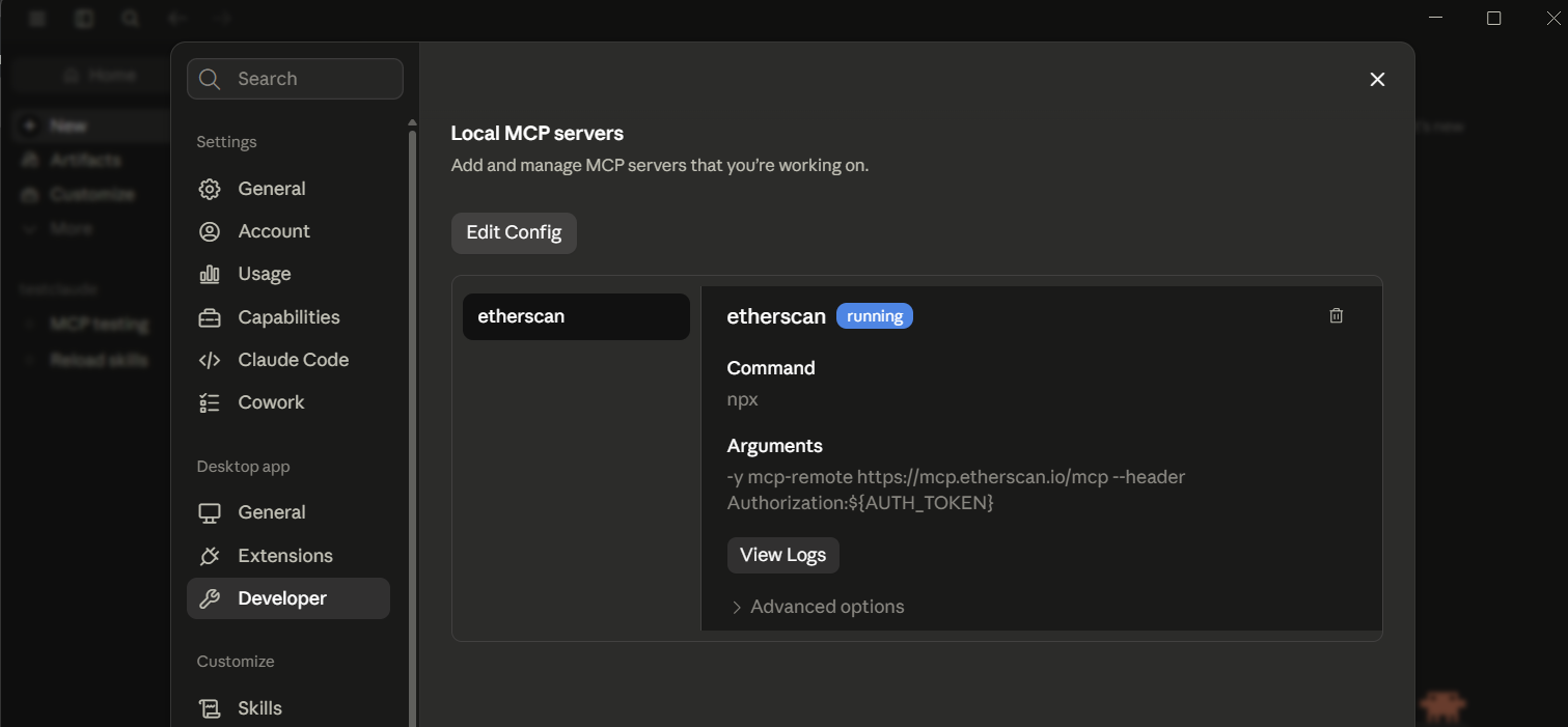 Claude Desktop Settings > Developer showing the Etherscan MCP server with a running badge