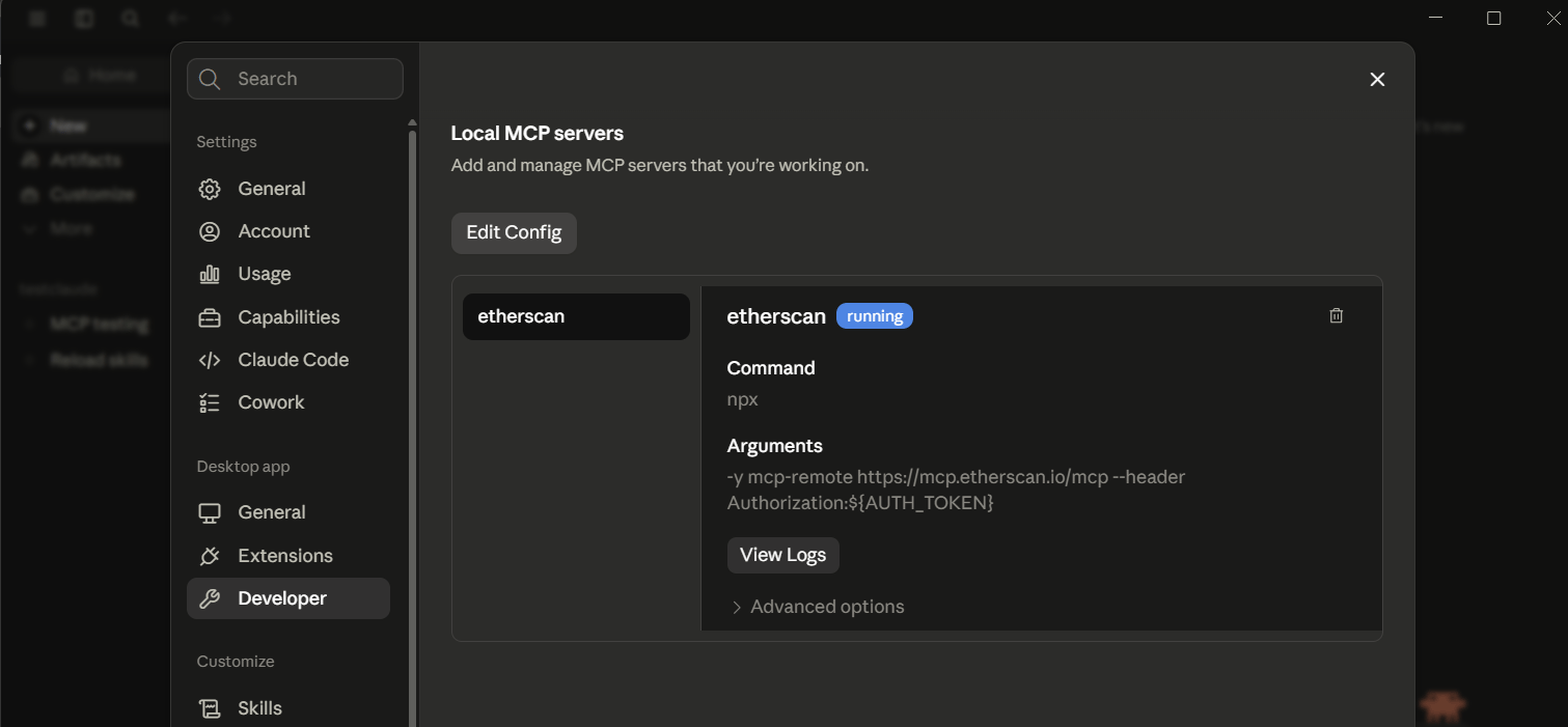 Claude Desktop Settings > Developer showing the Etherscan MCP server with a running badge