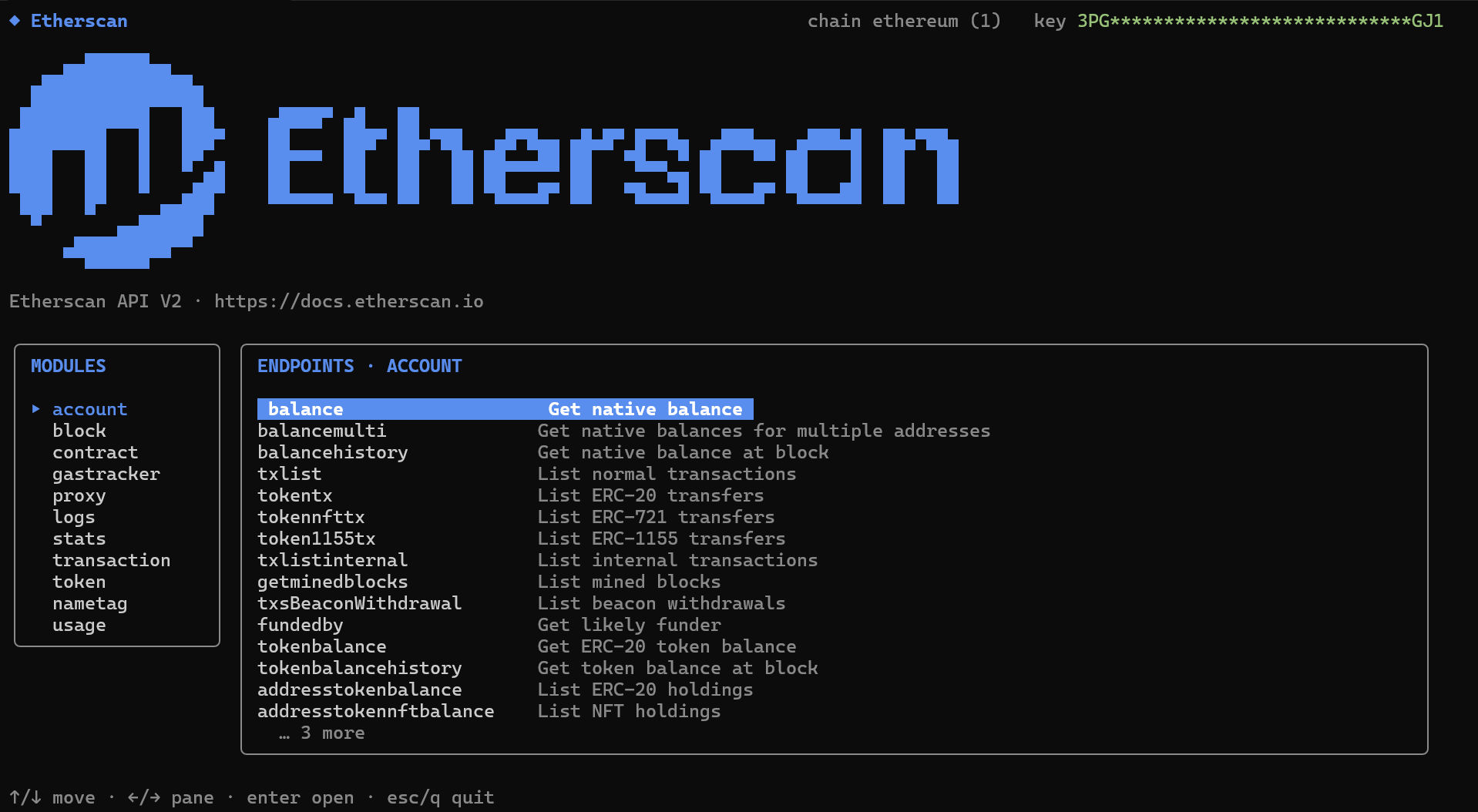 The Etherscan CLI interactive explorer (etherscan tui), listing the Account module endpoints
