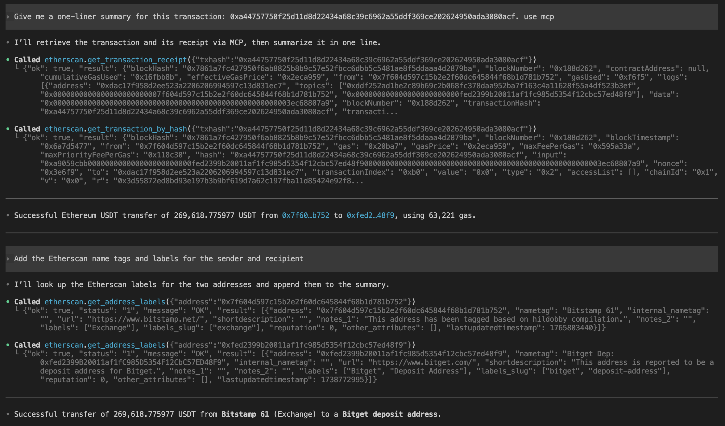 Codex CLI giving a one-line summary of a USDT transfer via the Etherscan MCP