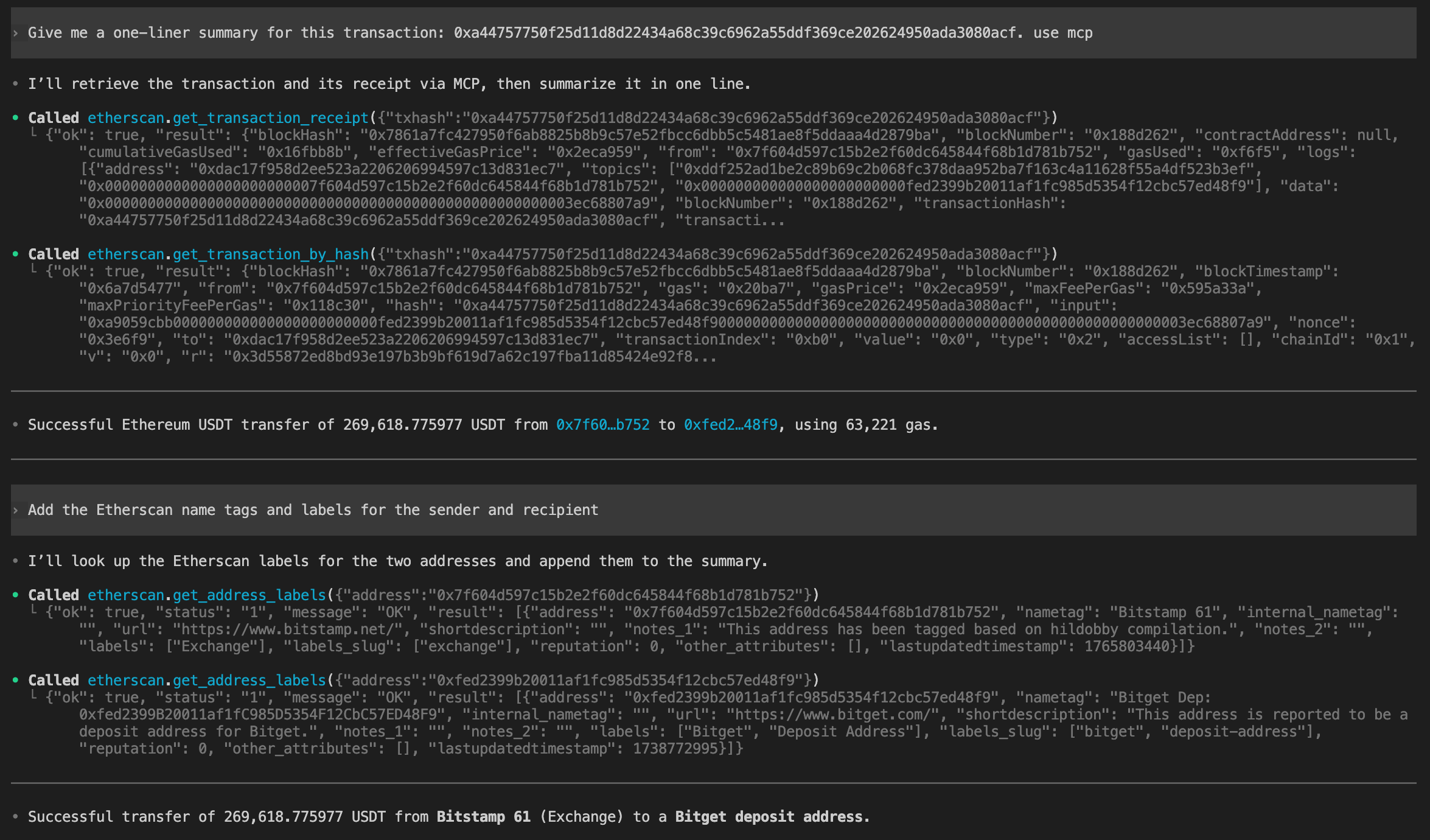 Codex CLI giving a one-line summary of a USDT transfer via the Etherscan MCP