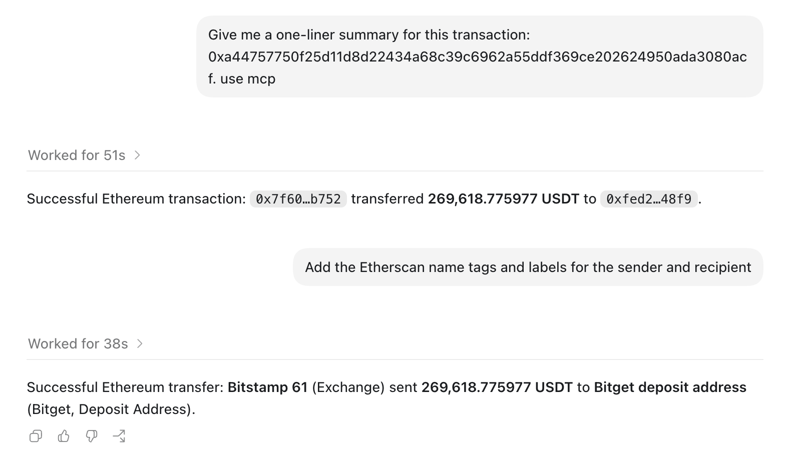 Codex Desktop giving a one-line summary of a USDT transfer via the Etherscan MCP