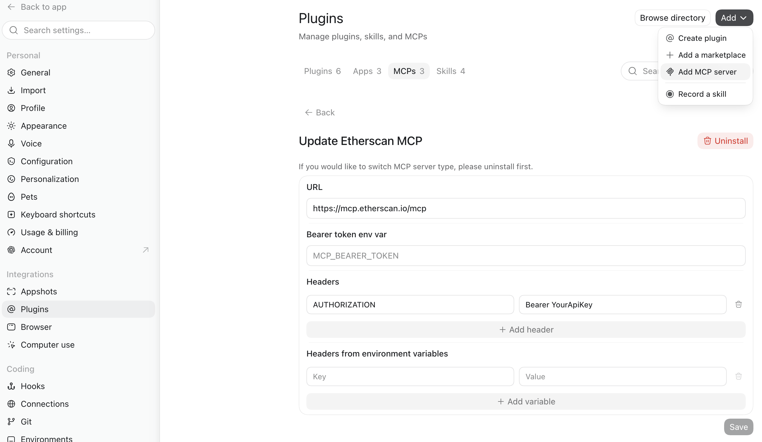 Codex Desktop Settings > Plugins showing the MCP servers list and the Add server button