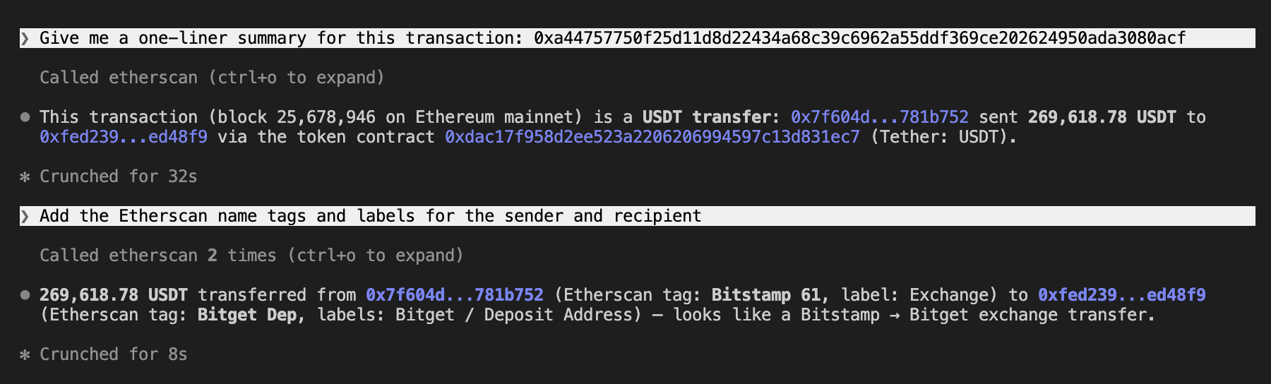 Claude Code giving a one-line summary of a USDT transfer via the Etherscan MCP