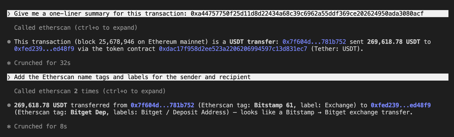 Claude Code giving a one-line summary of a USDT transfer via the Etherscan MCP