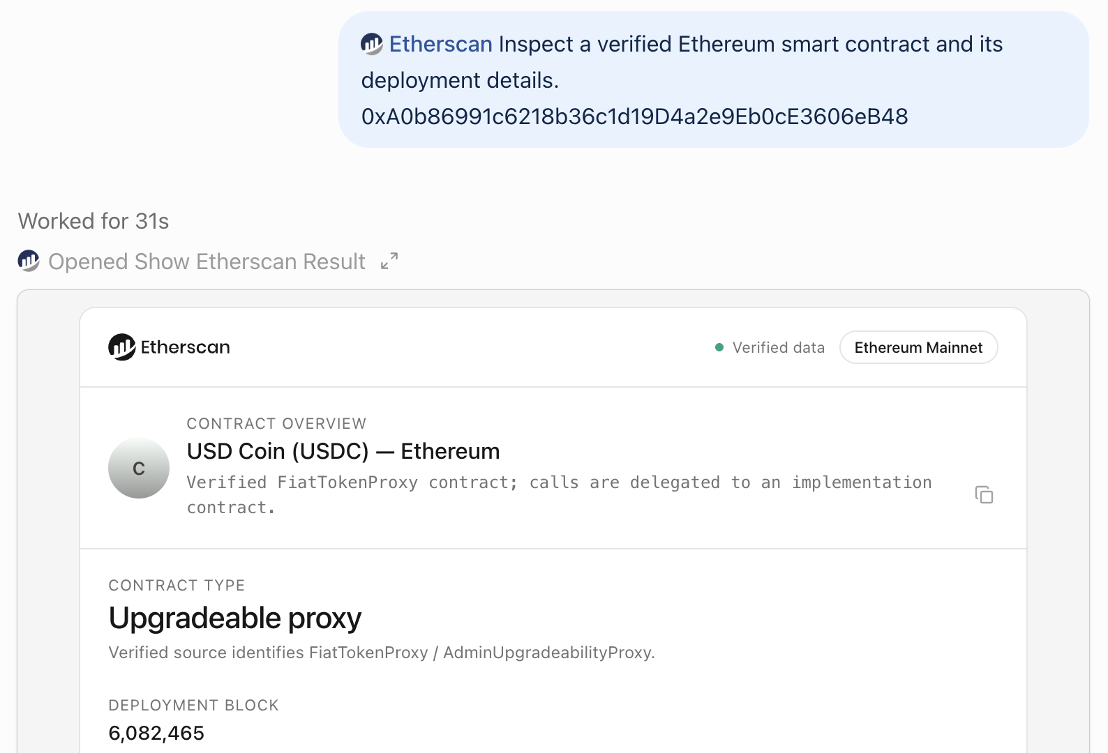 ChatGPT showing an interactive Etherscan card for the USDC contract: contract overview, upgradeable proxy type, and deployment block