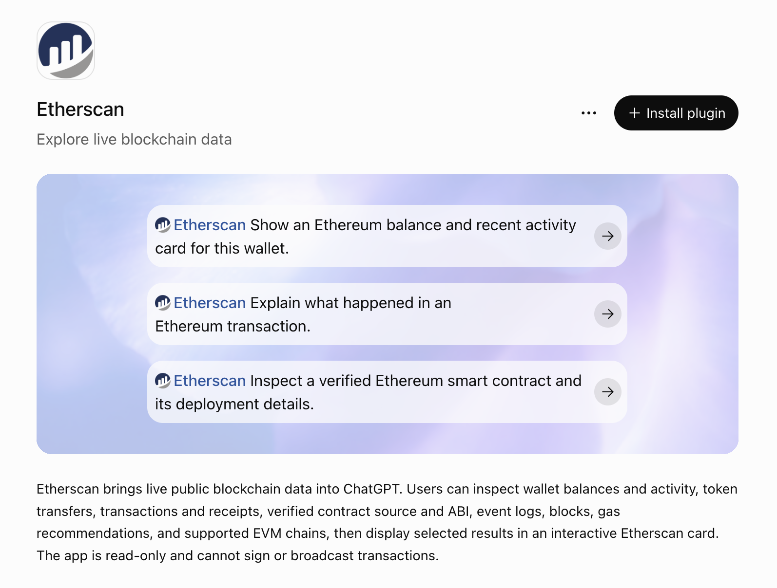 The Etherscan plugin in ChatGPT's plugin directory, with the Install plugin button and three starter prompts