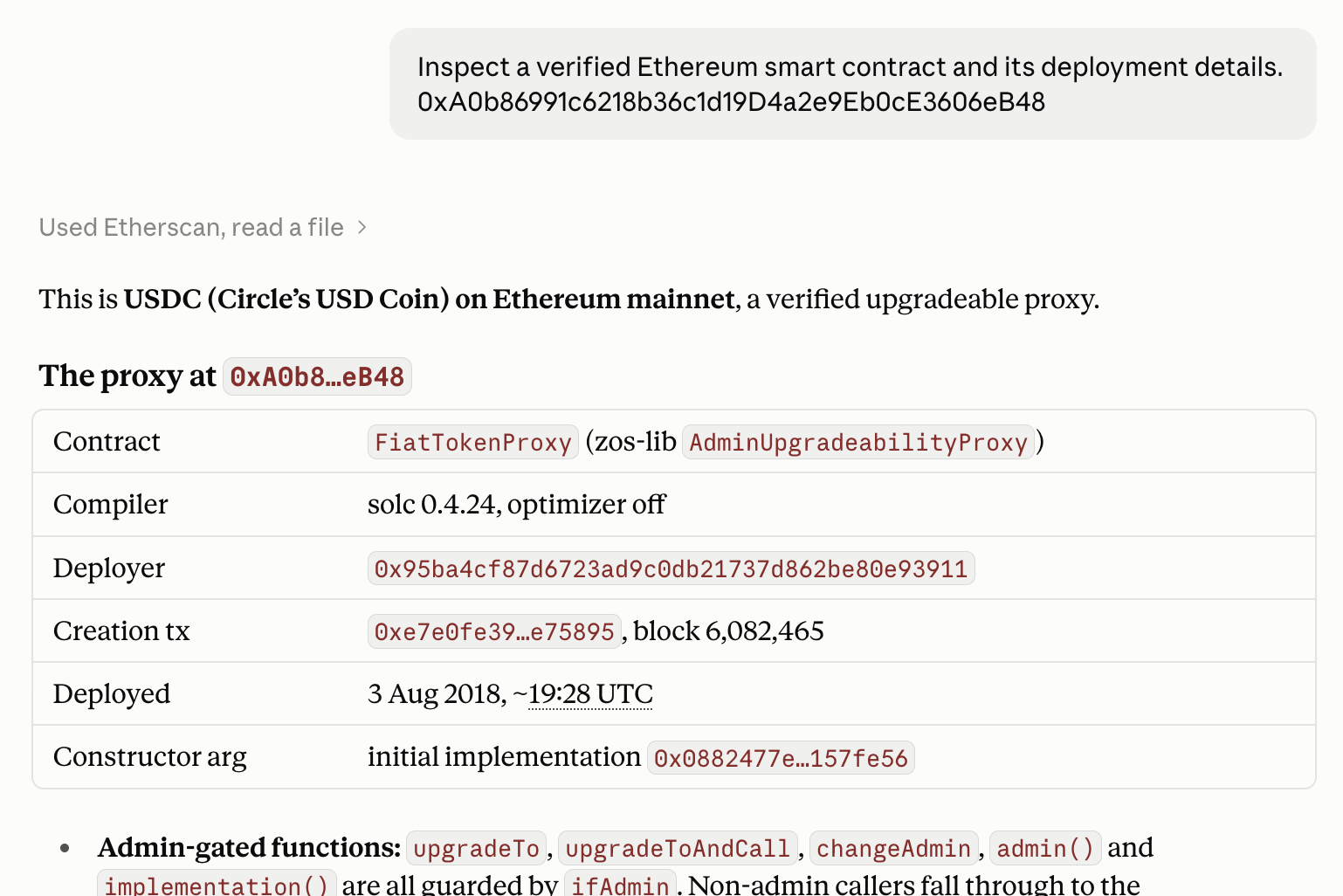 Claude using the Etherscan connector to inspect the USDC contract: proxy name, compiler, deployer, creation transaction, and deployment date