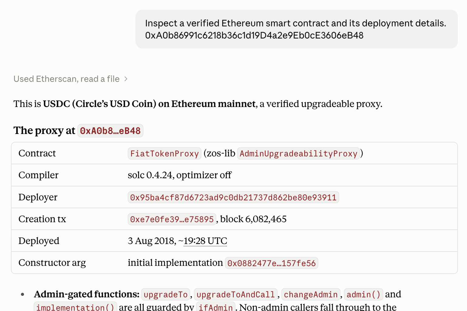 Claude using the Etherscan connector to inspect the USDC contract: proxy name, compiler, deployer, creation transaction, and deployment date