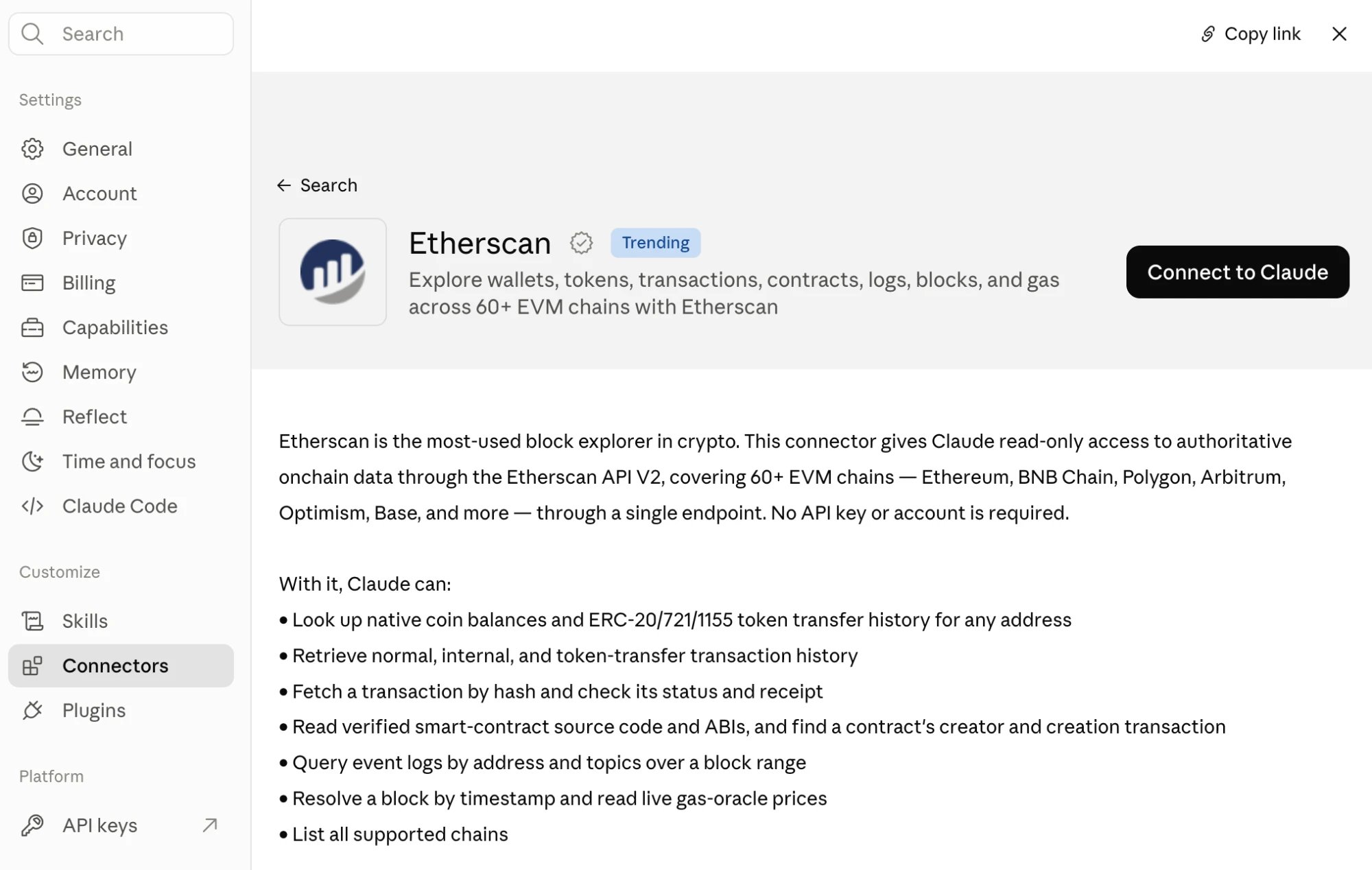 The Etherscan connector in Claude's connector directory, with the Connect to Claude button