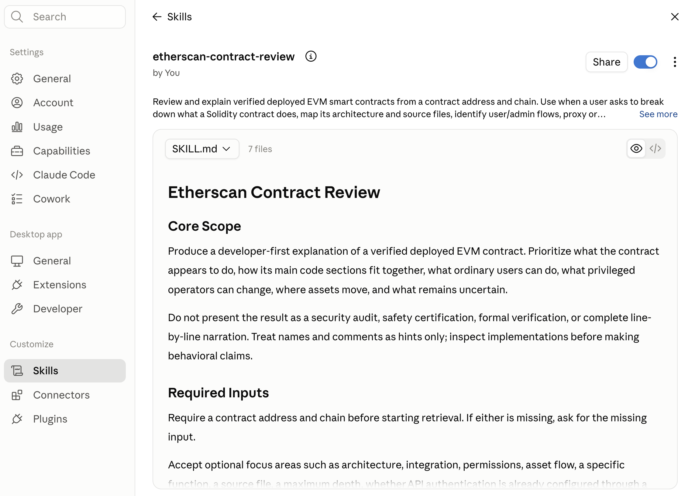 Claude Desktop Etherscan Contract Review skill is toggled on