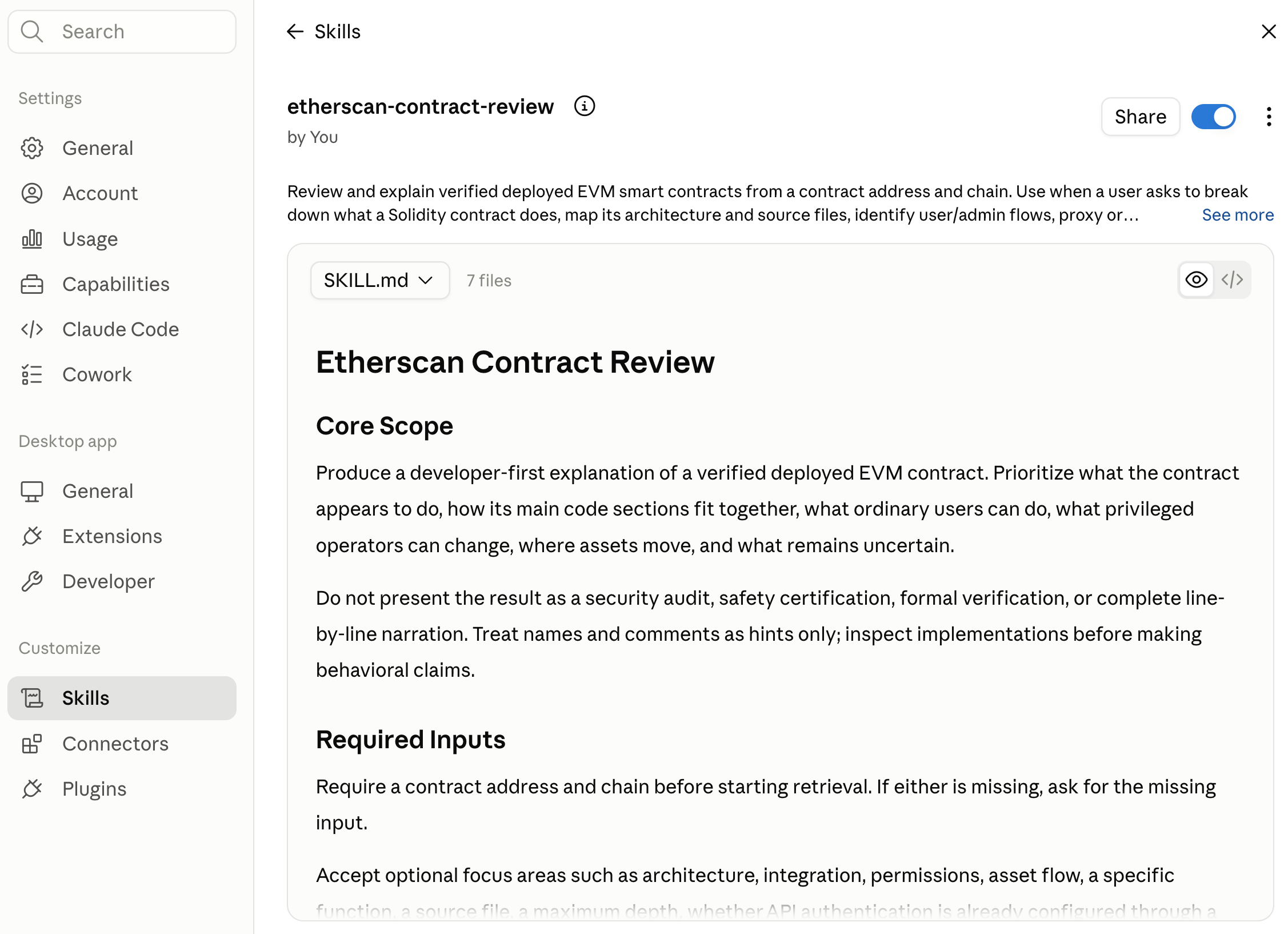 Claude Desktop Etherscan Contract Review skill is toggled on
