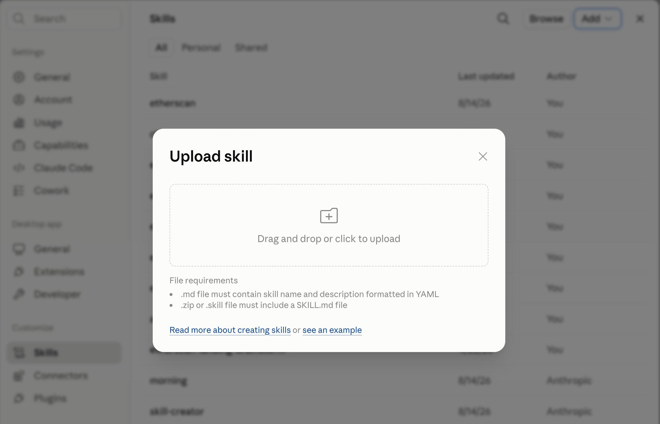 Claude Desktop Settings > Skills, uploading the Etherscan Contract Review skill ZIP