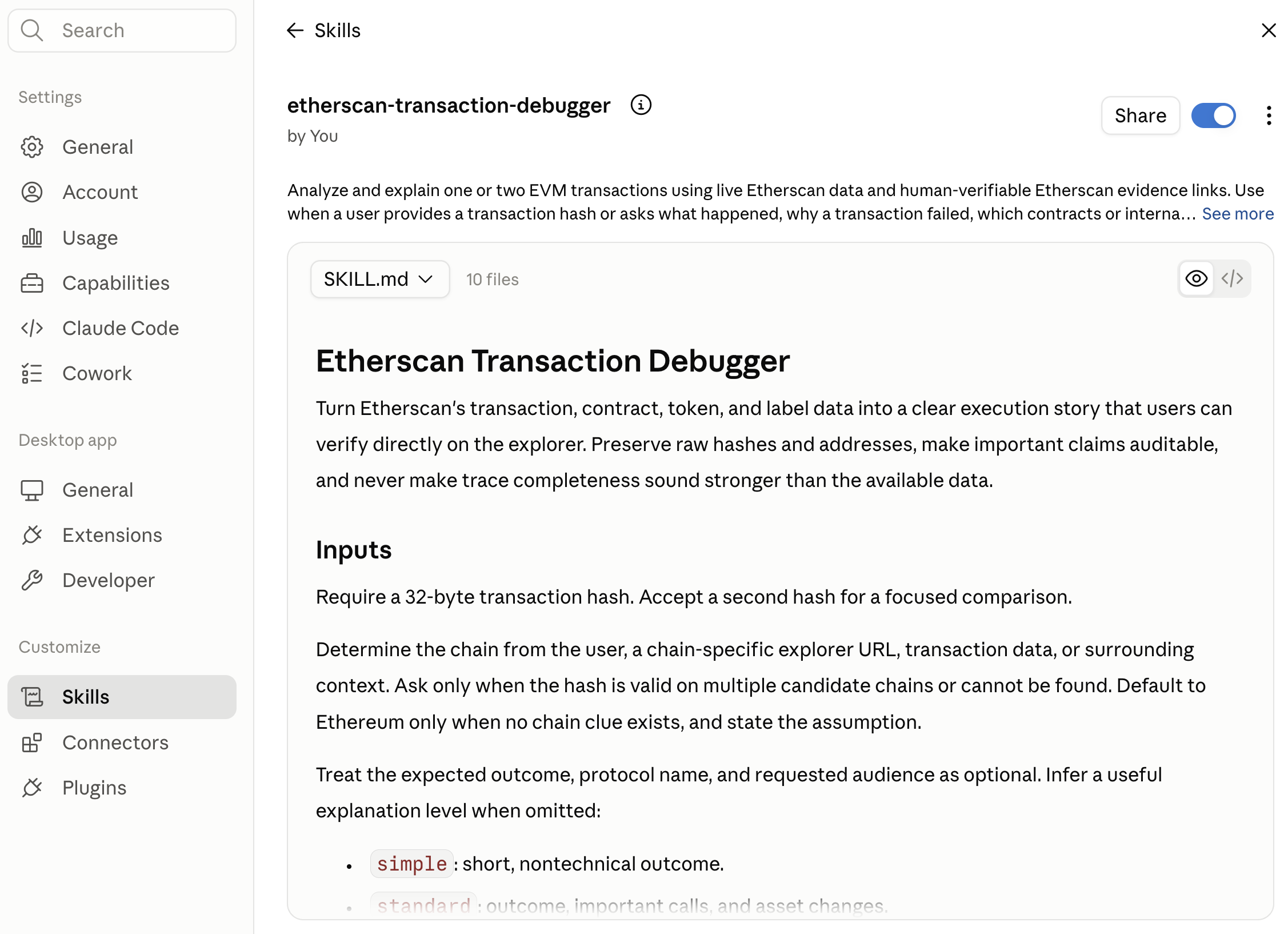 Claude Desktop Etherscan Transaction Debugger skill is toggled on