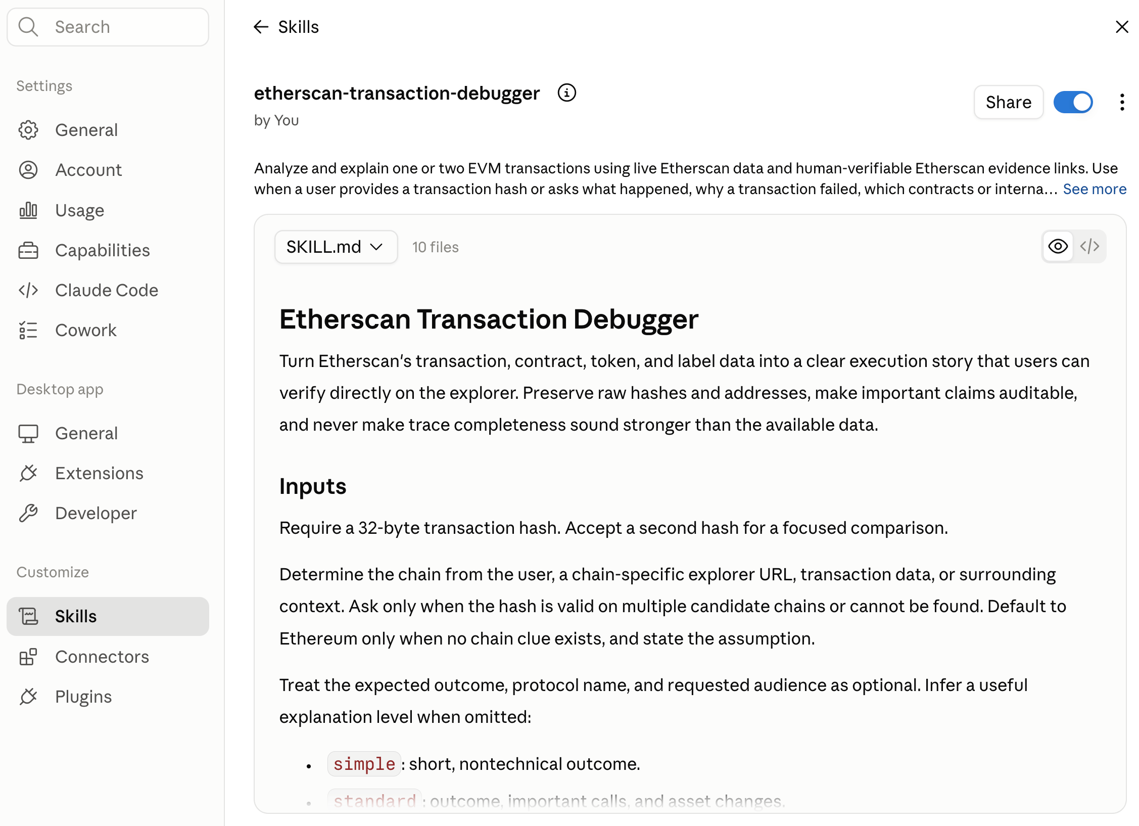 Claude Desktop Etherscan Transaction Debugger skill is toggled on