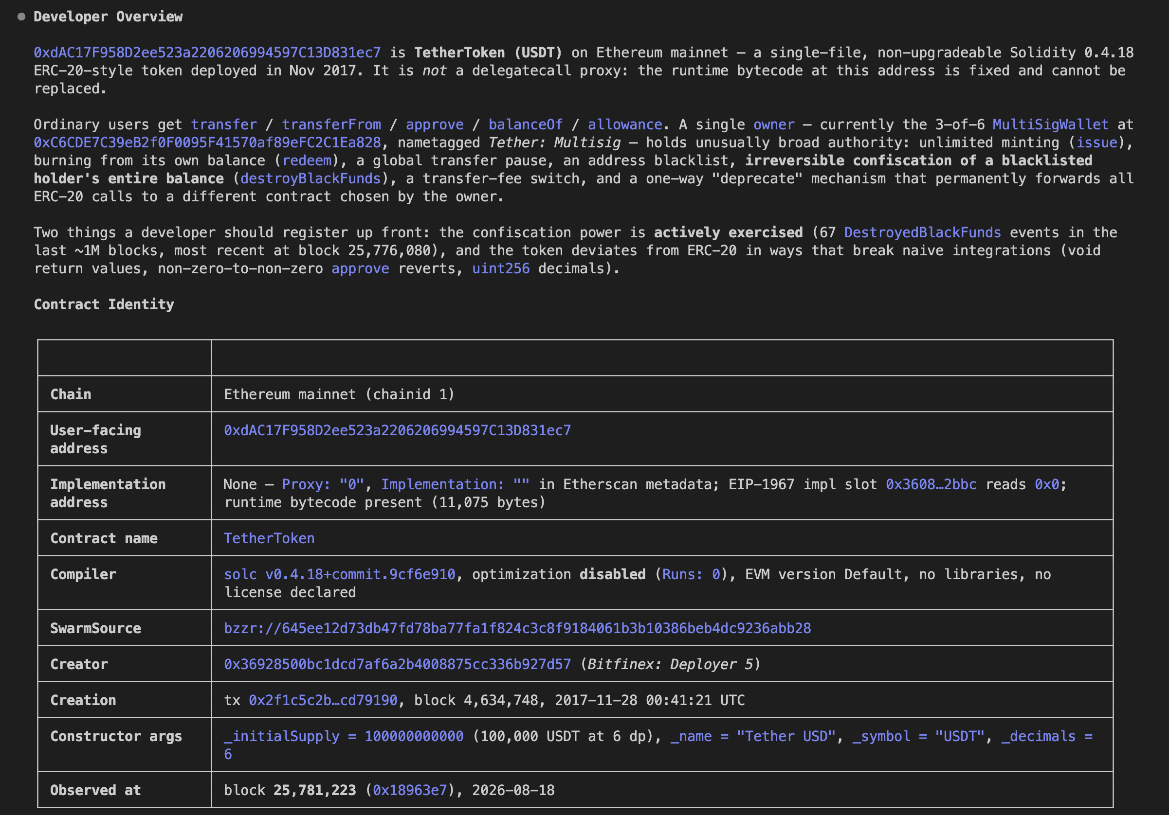 An Etherscan Contract Review of a verified contract: developer overview, user and admin flows, and source references.