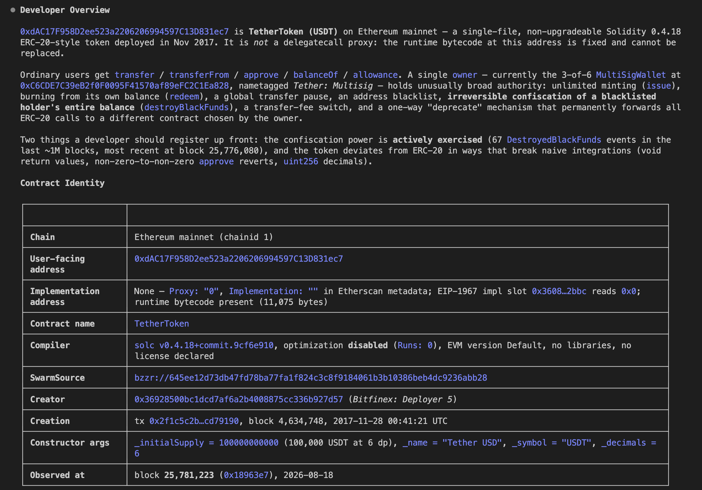 An Etherscan Contract Review of a verified contract: developer overview, user and admin flows, and source references.
