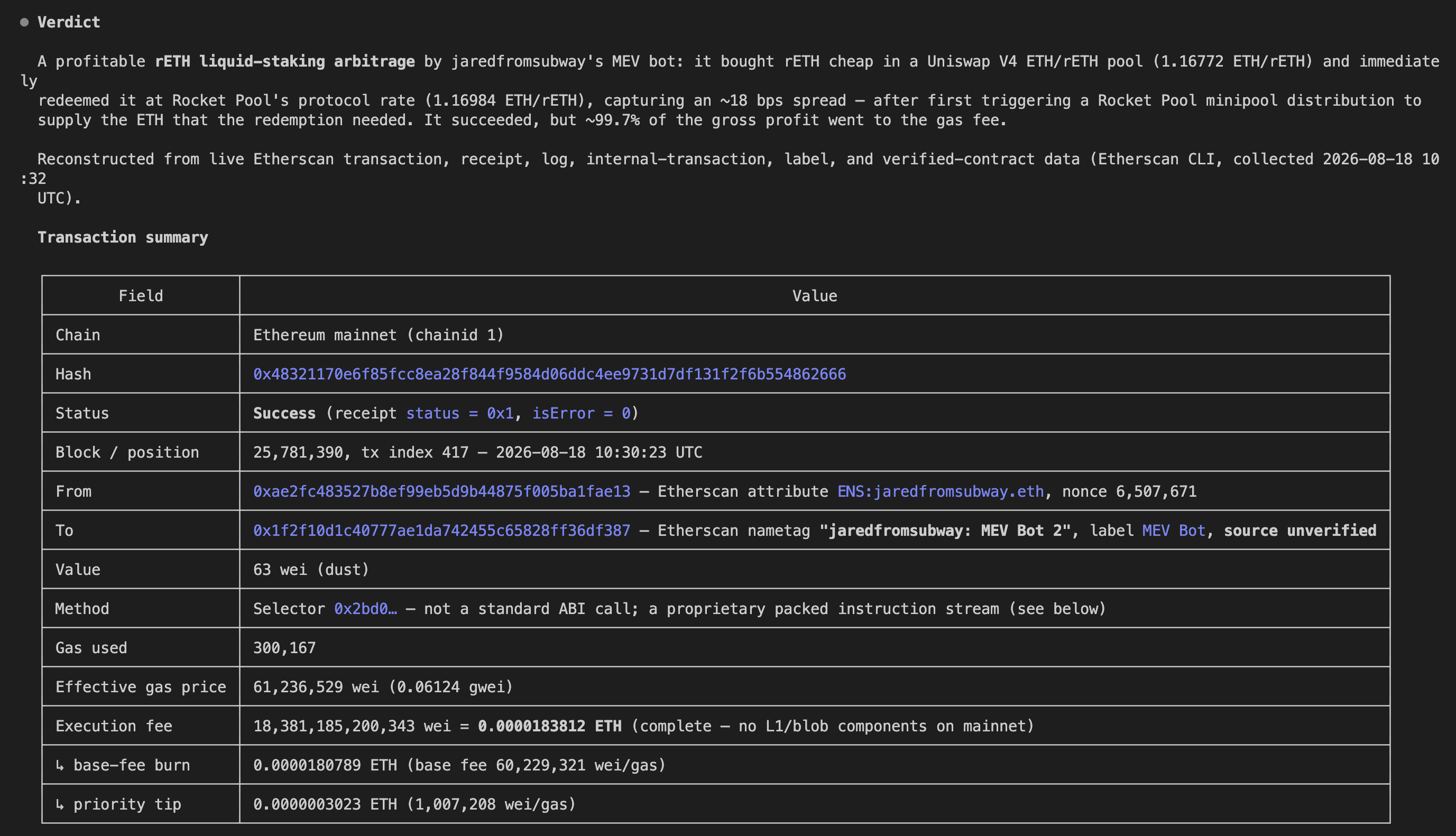 An Etherscan Transaction Debugger report: what happened, execution flow, asset changes, and verifiable Etherscan links.