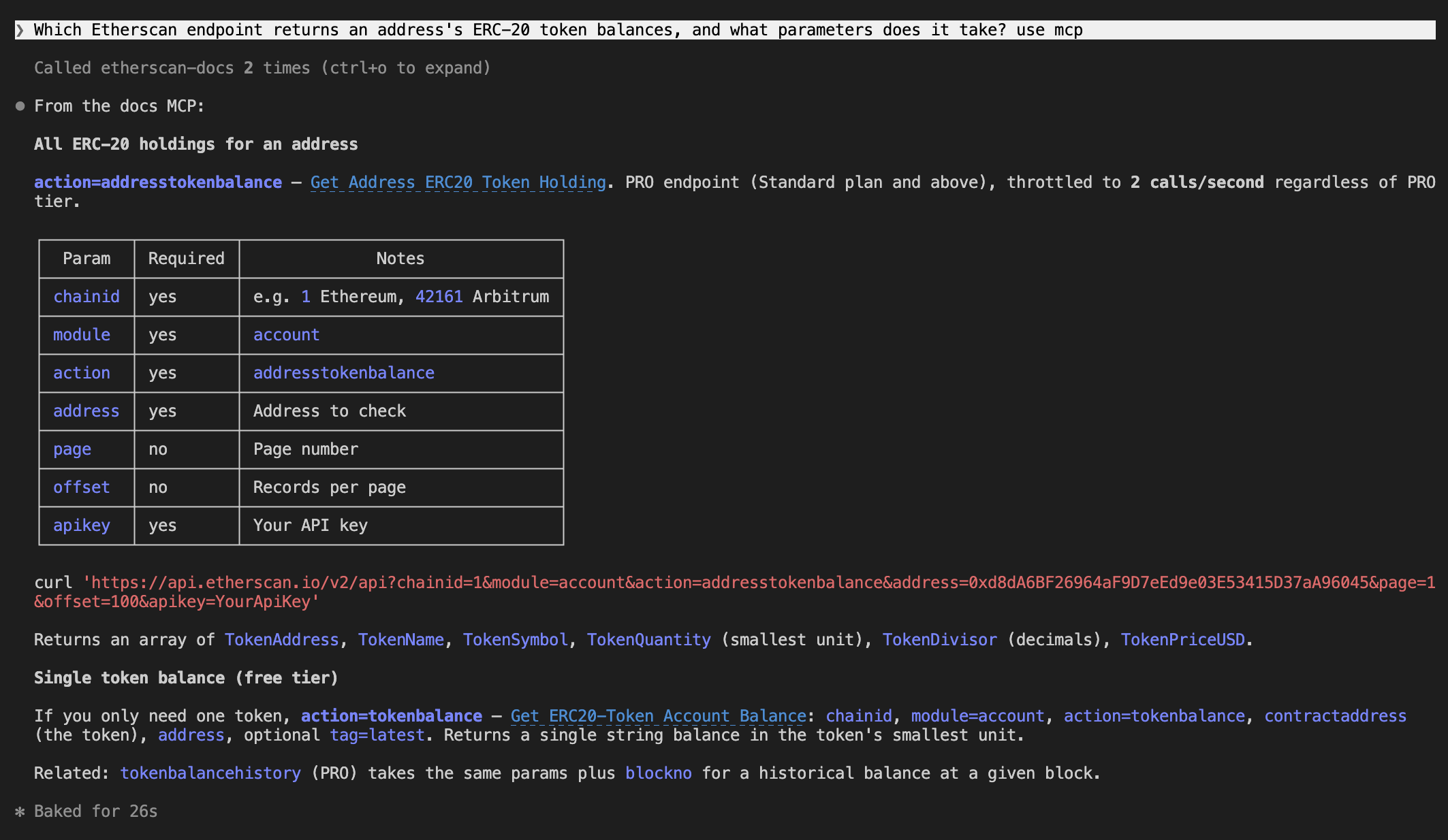 Claude Code answering a documentation question via the Etherscan Docs MCP, citing the addresstokenbalance action