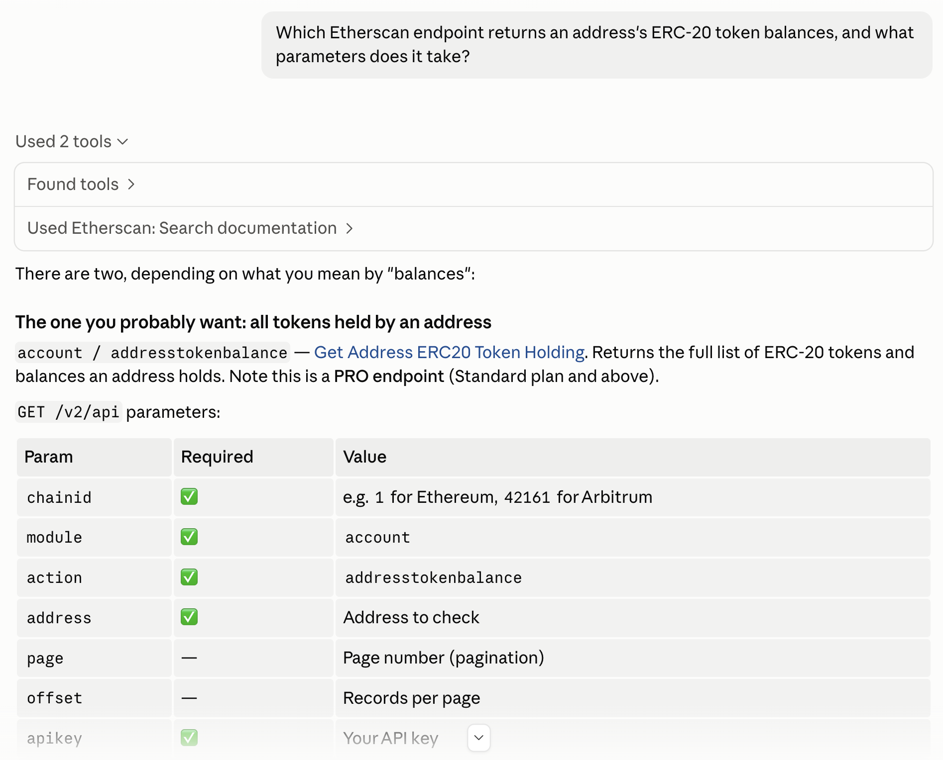 Claude Desktop answering a documentation question via the Etherscan Docs MCP, citing the addresstokenbalance action