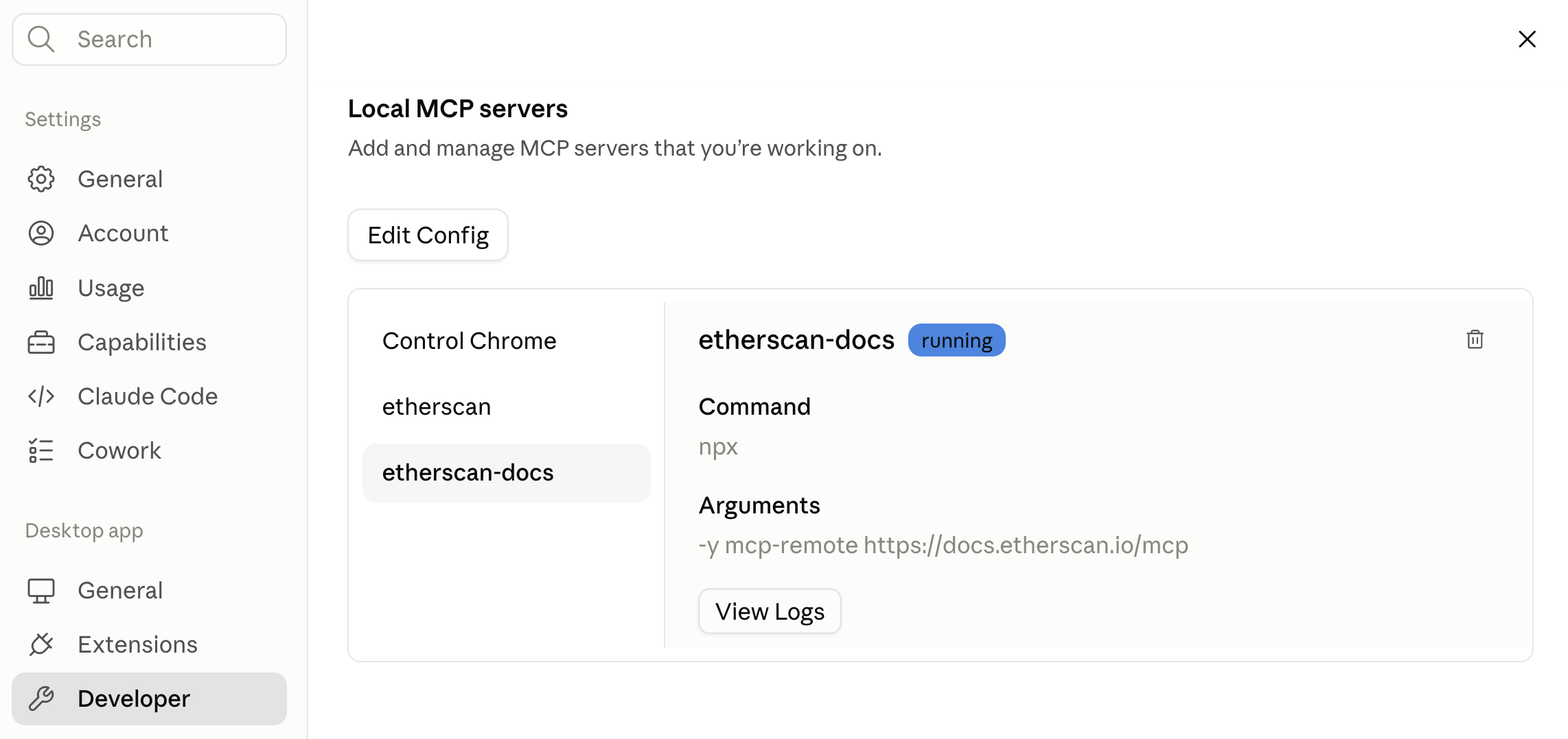 Claude Desktop Settings > Developer showing the etherscan-docs MCP server with a running badge