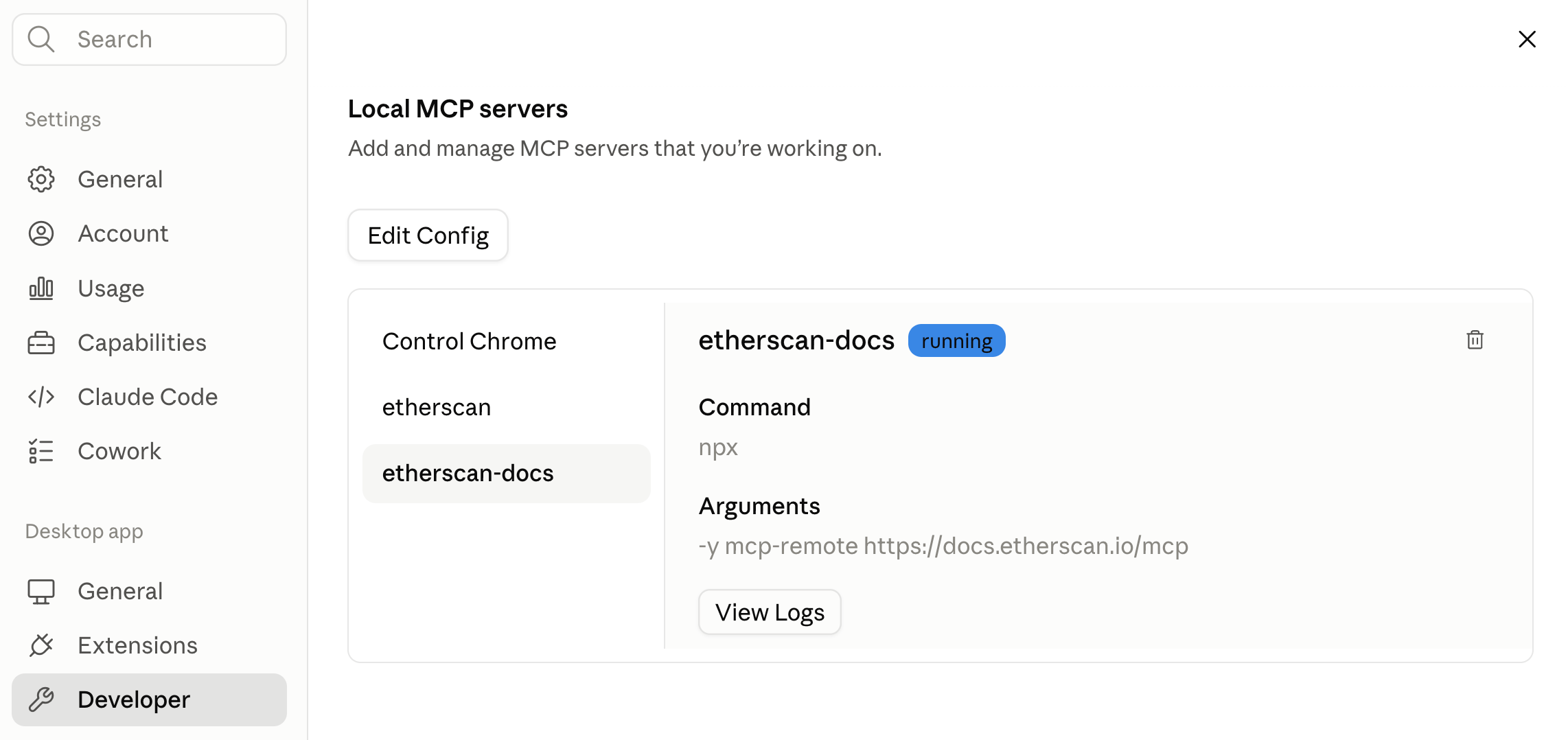 Claude Desktop Settings > Developer showing the etherscan-docs MCP server with a running badge