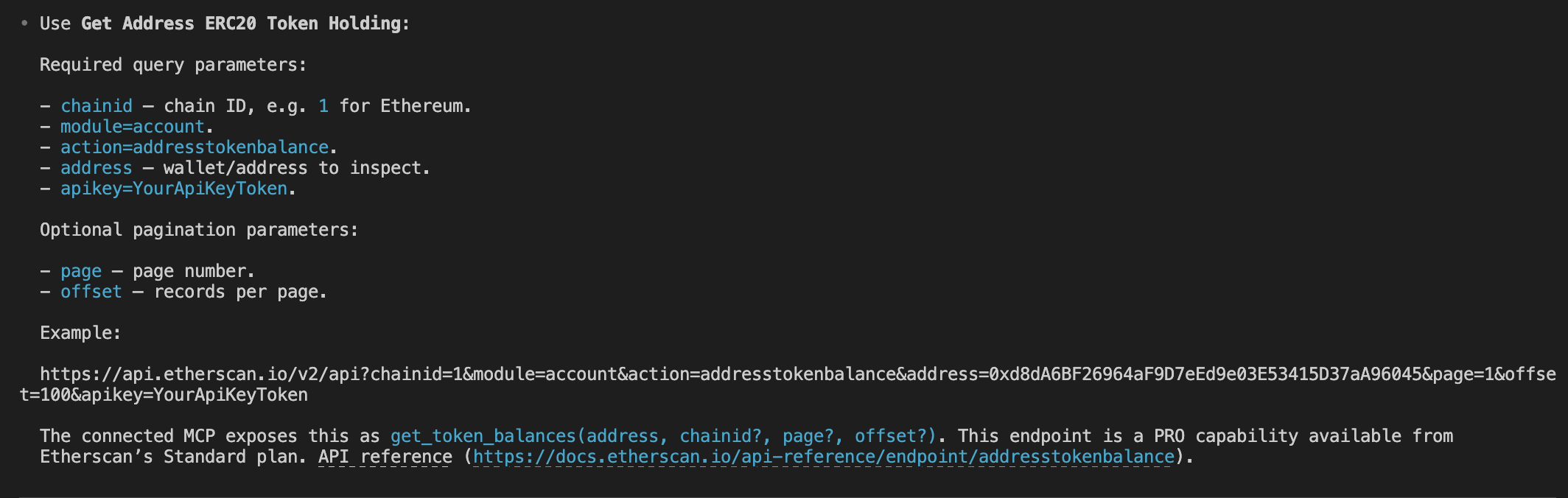 Codex CLI answering a documentation question via the Etherscan Docs MCP, citing the addresstokenbalance action