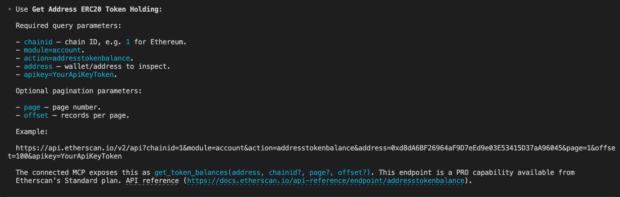 Codex CLI answering a documentation question via the Etherscan Docs MCP, citing the addresstokenbalance action
