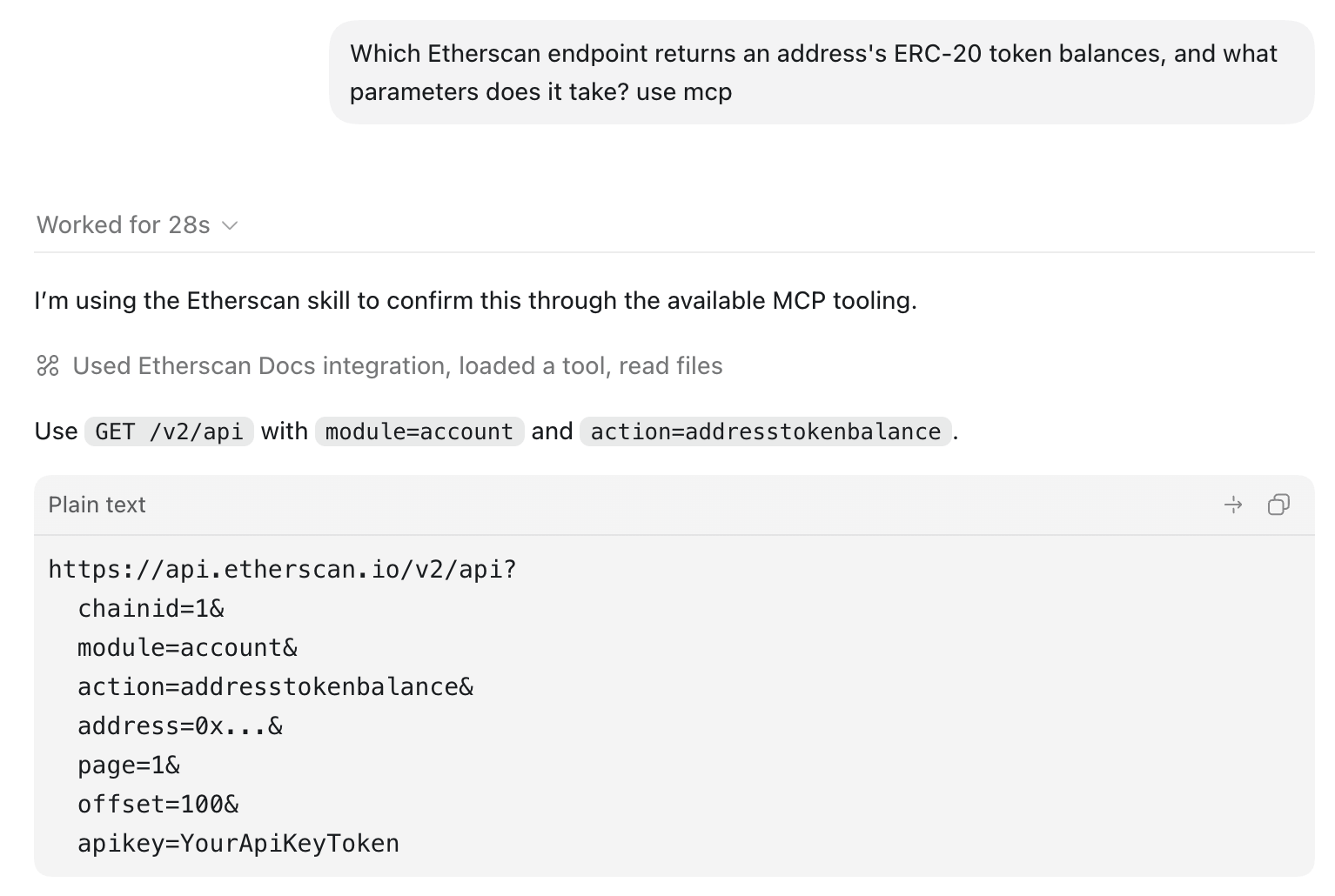 Codex Desktop answering a documentation question via the Etherscan Docs MCP, citing the addresstokenbalance action