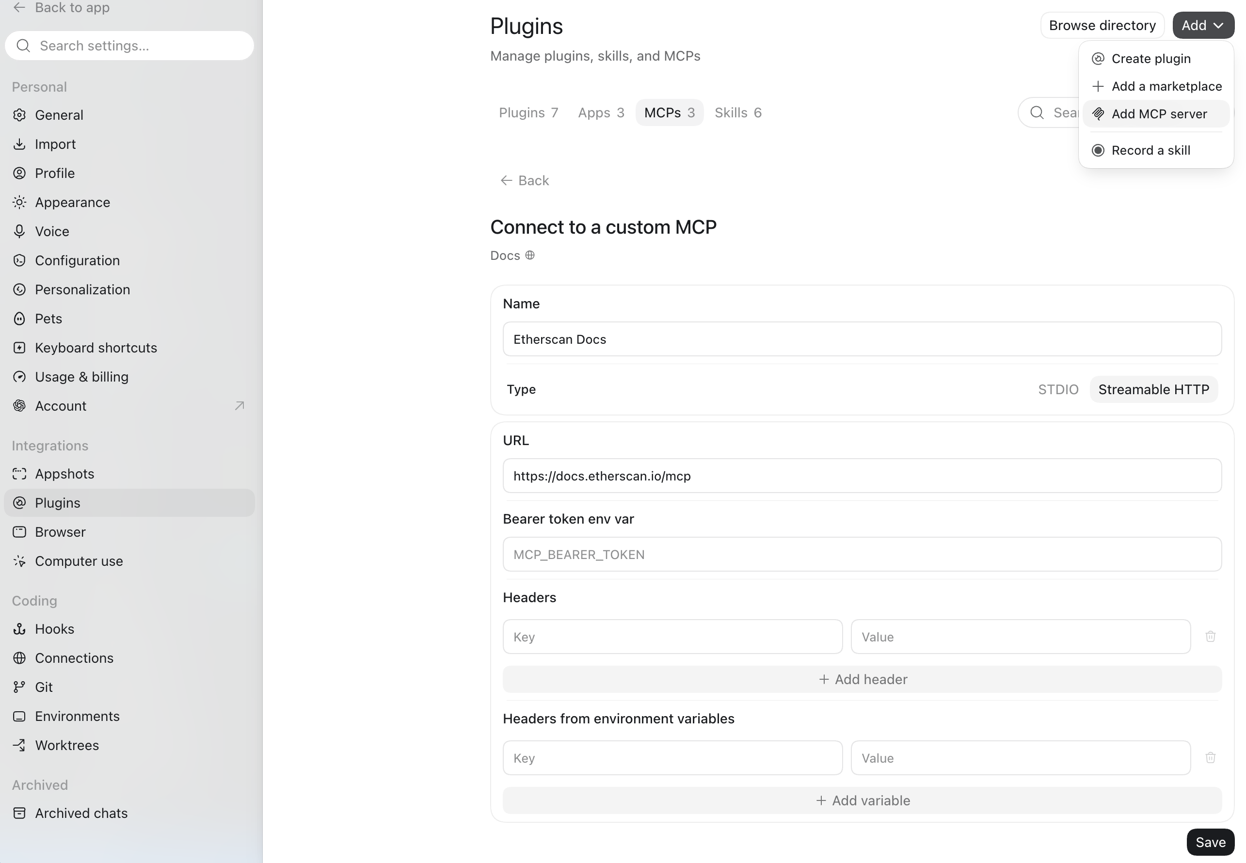 Codex Desktop Settings > Plugins showing the MCP servers list and the Add server button