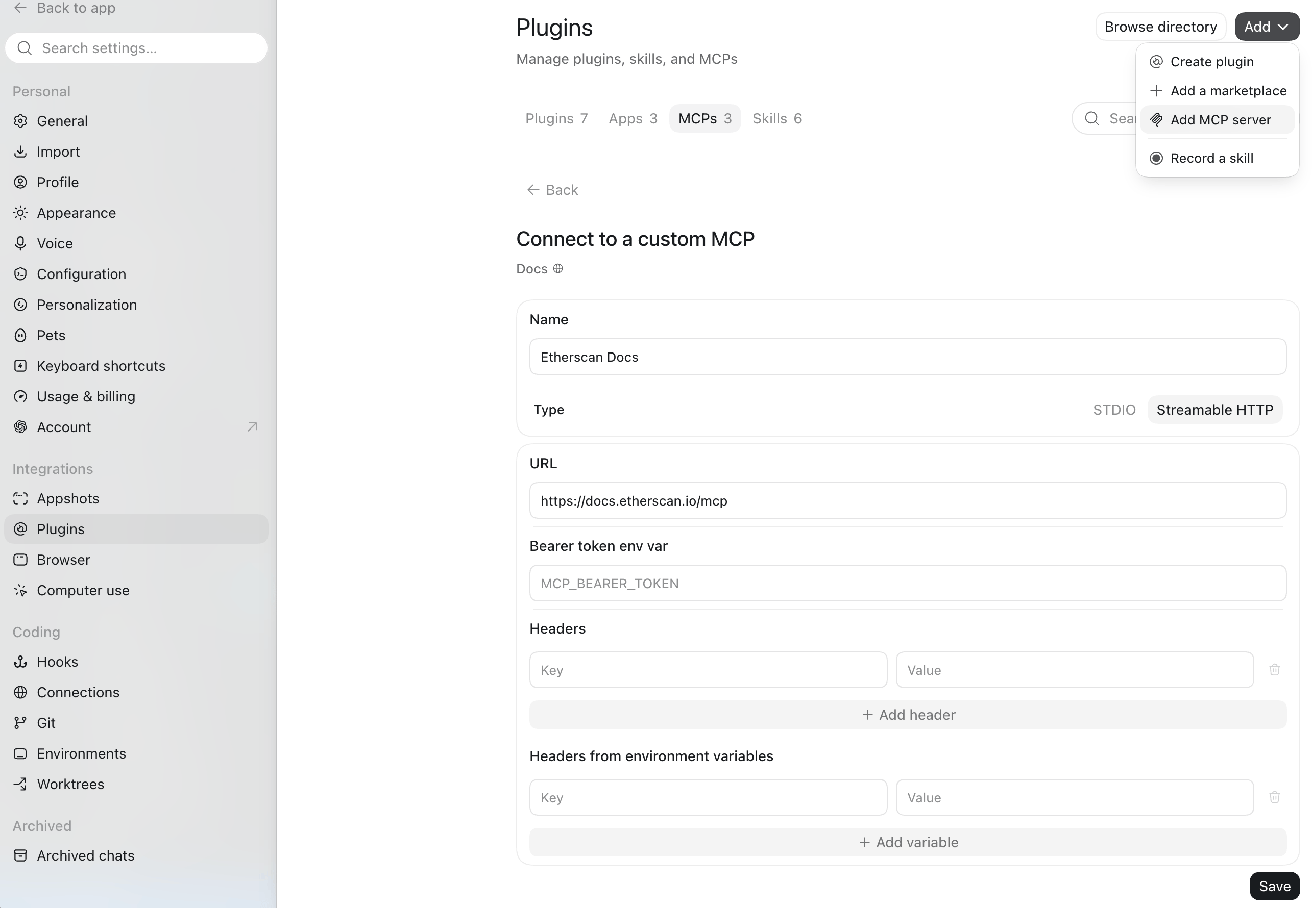 Codex Desktop Settings > Plugins showing the MCP servers list and the Add server button
