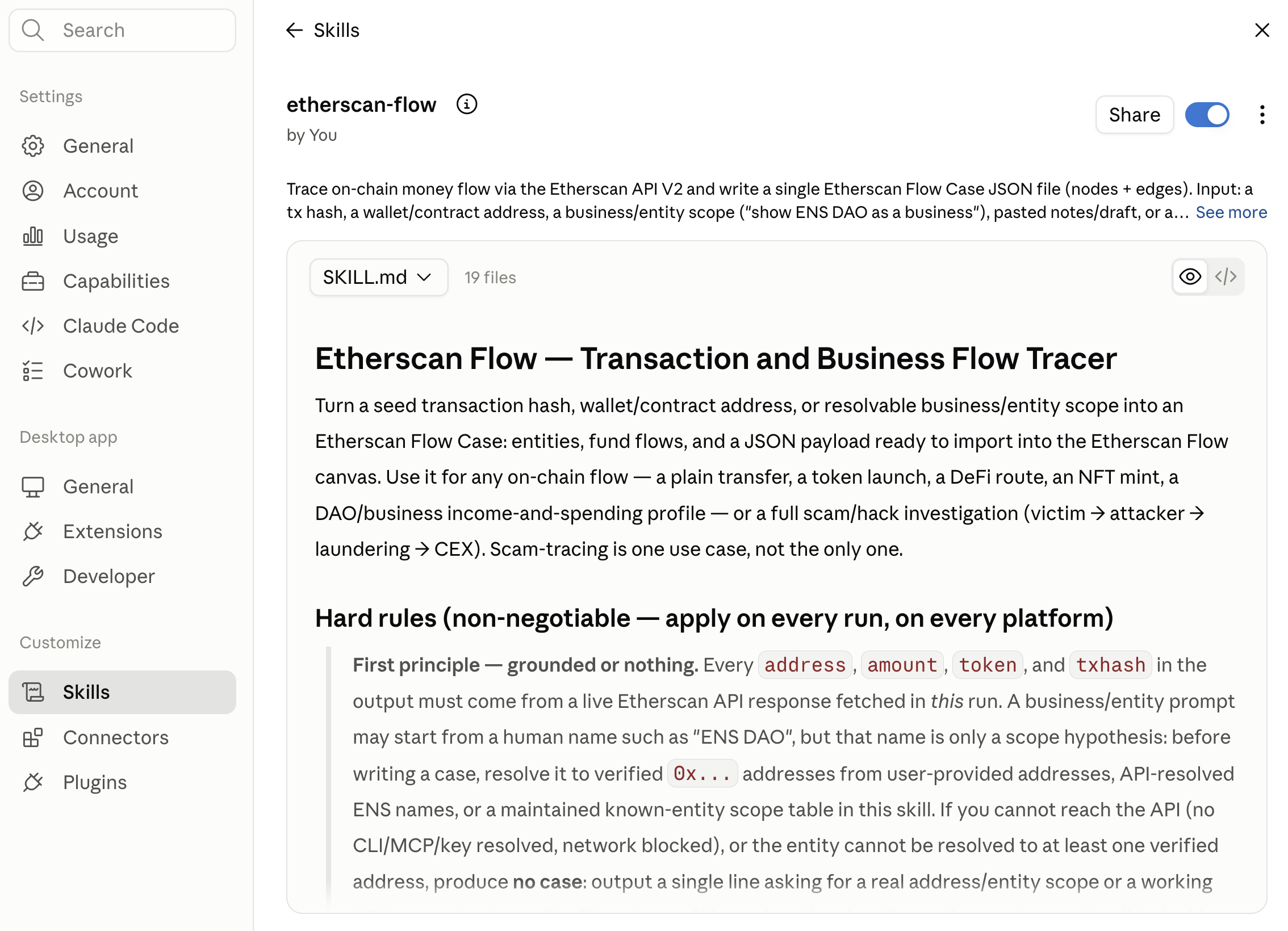 Claude Desktop Etherscan Flow skill is toggled on