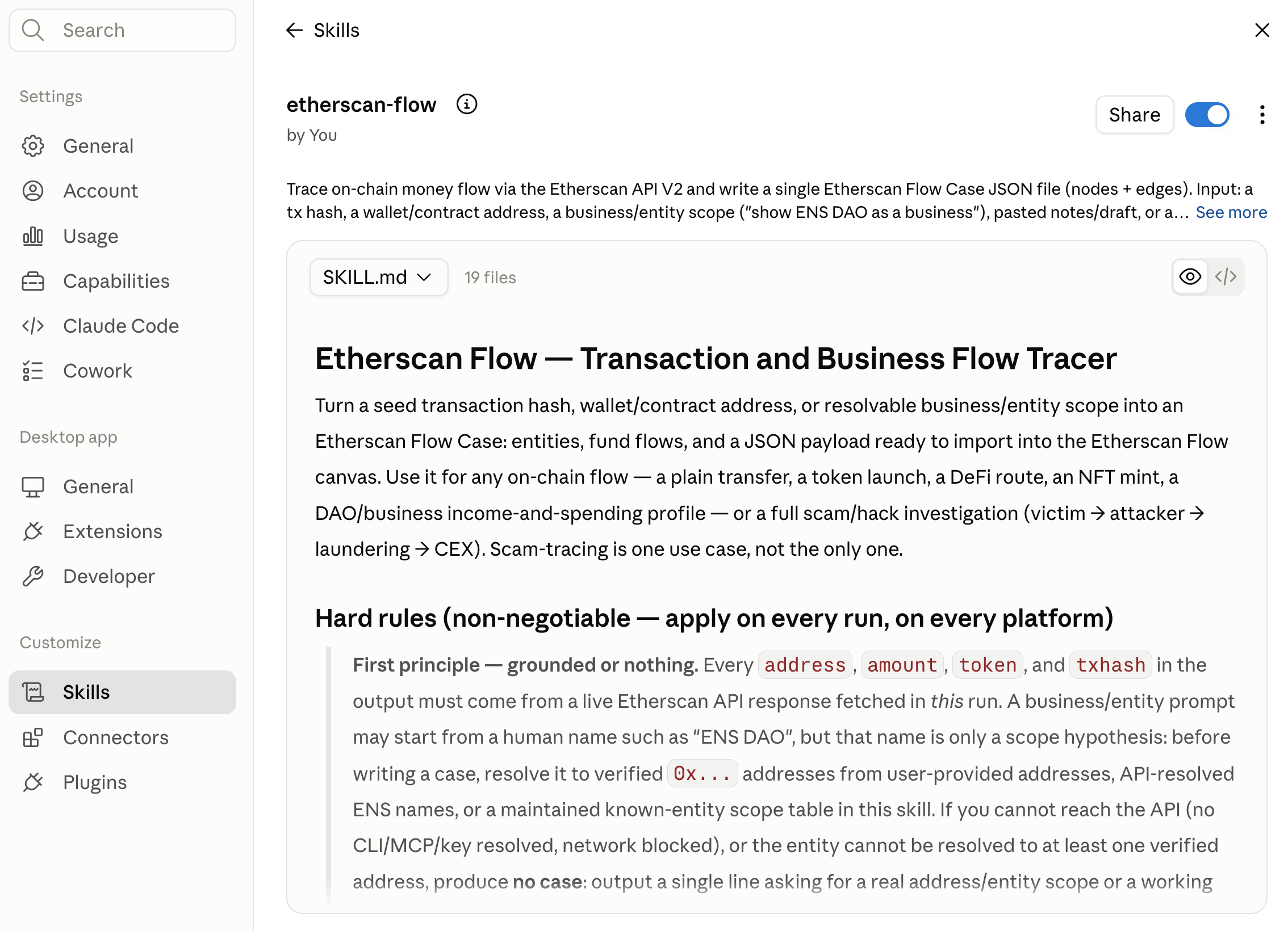 Claude Desktop Etherscan Flow skill is toggled on