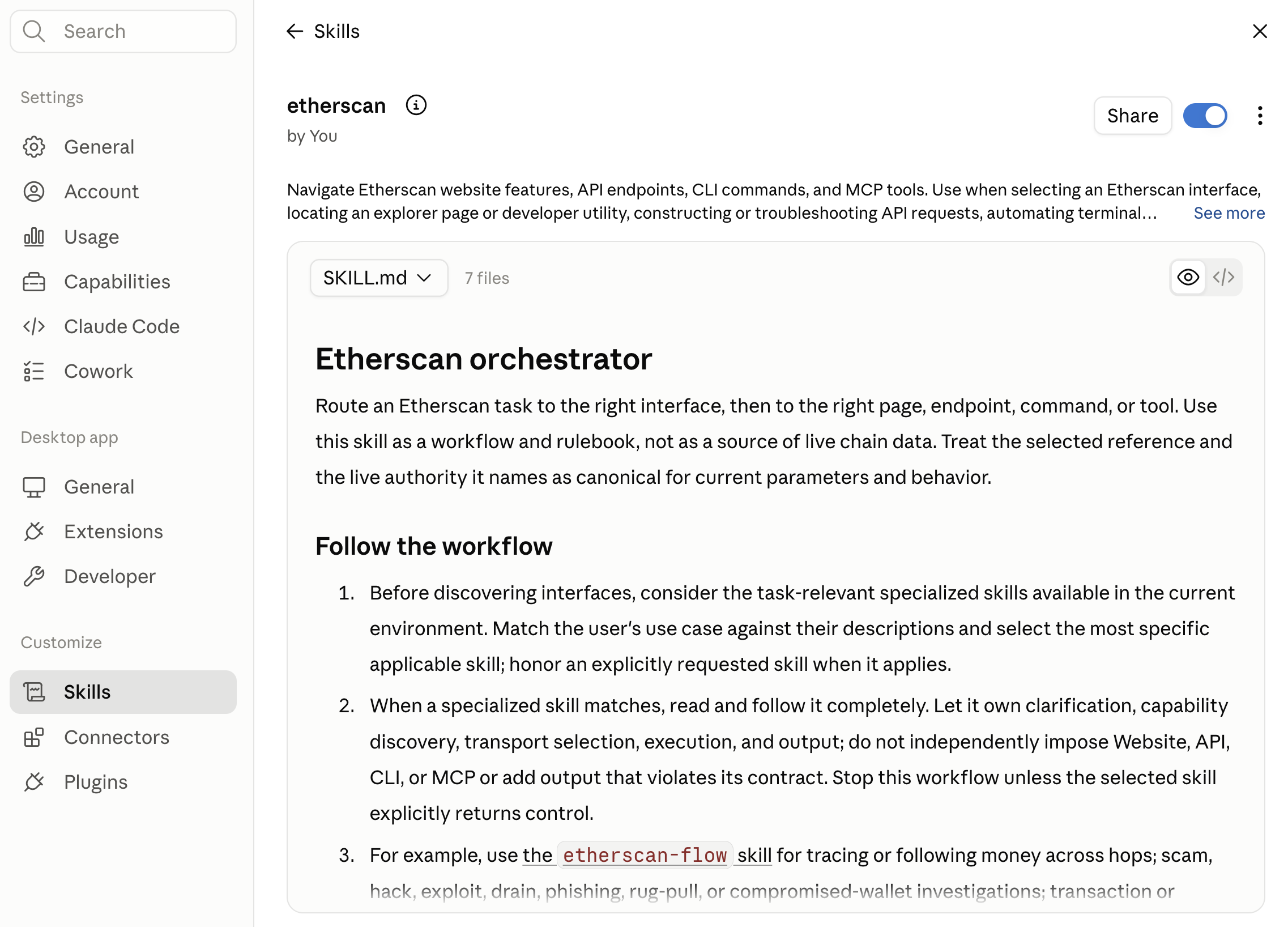 Claude Desktop Etherscan skill is toggled on