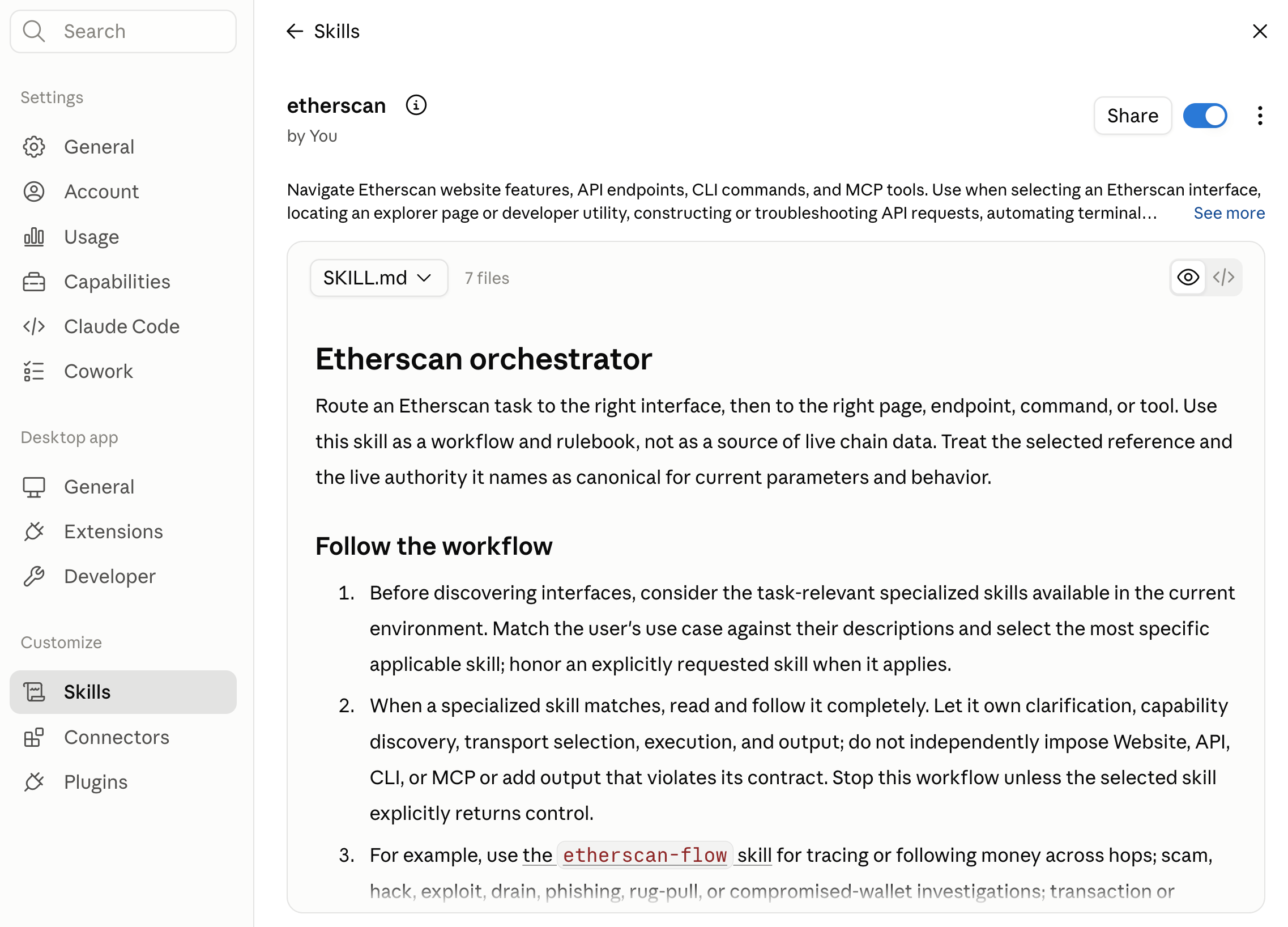 Claude Desktop Etherscan skill is toggled on