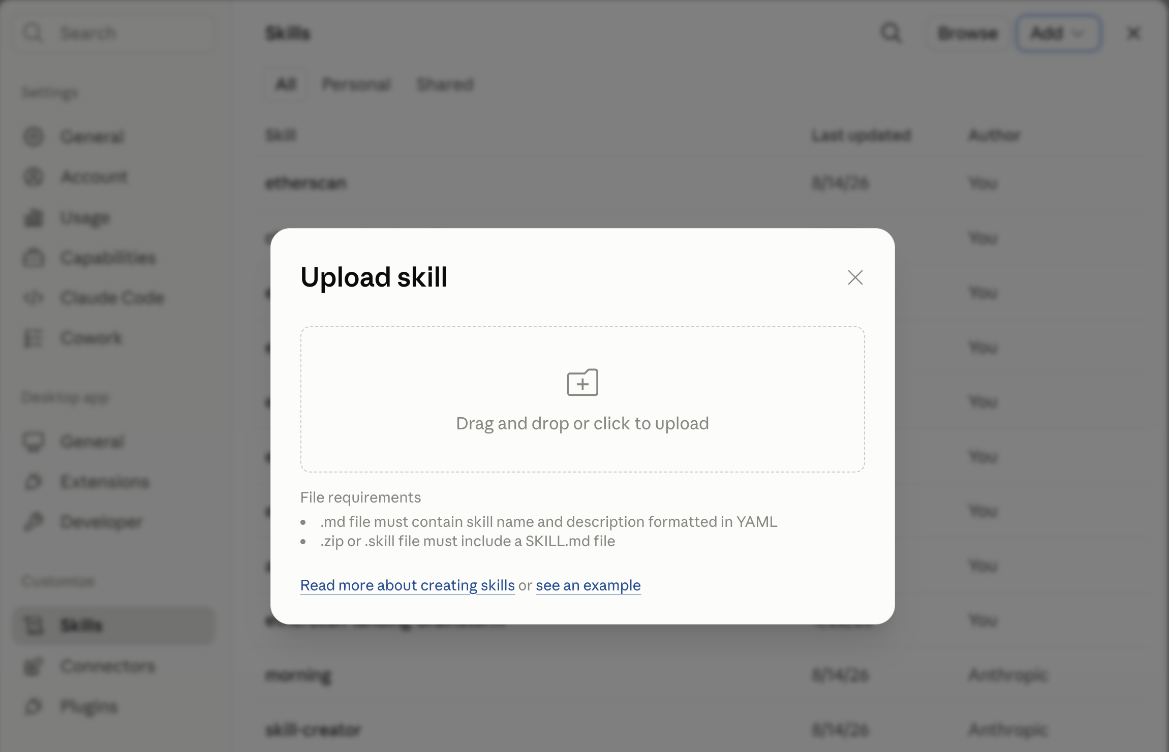 Claude Desktop Settings > Skills, uploading the Etherscan skill ZIP