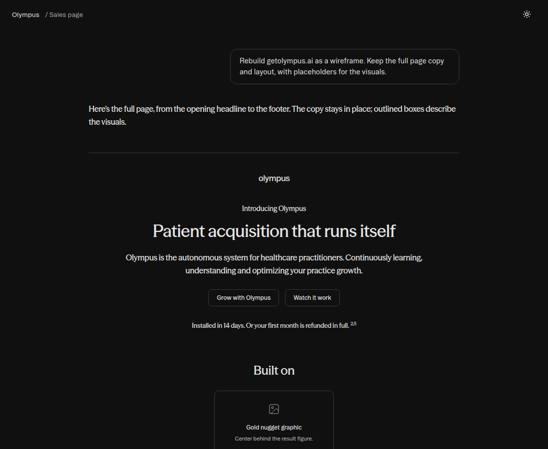 Original Olympus sales-page wireframe showing its headline, calls to action, and outlined visual placeholders.