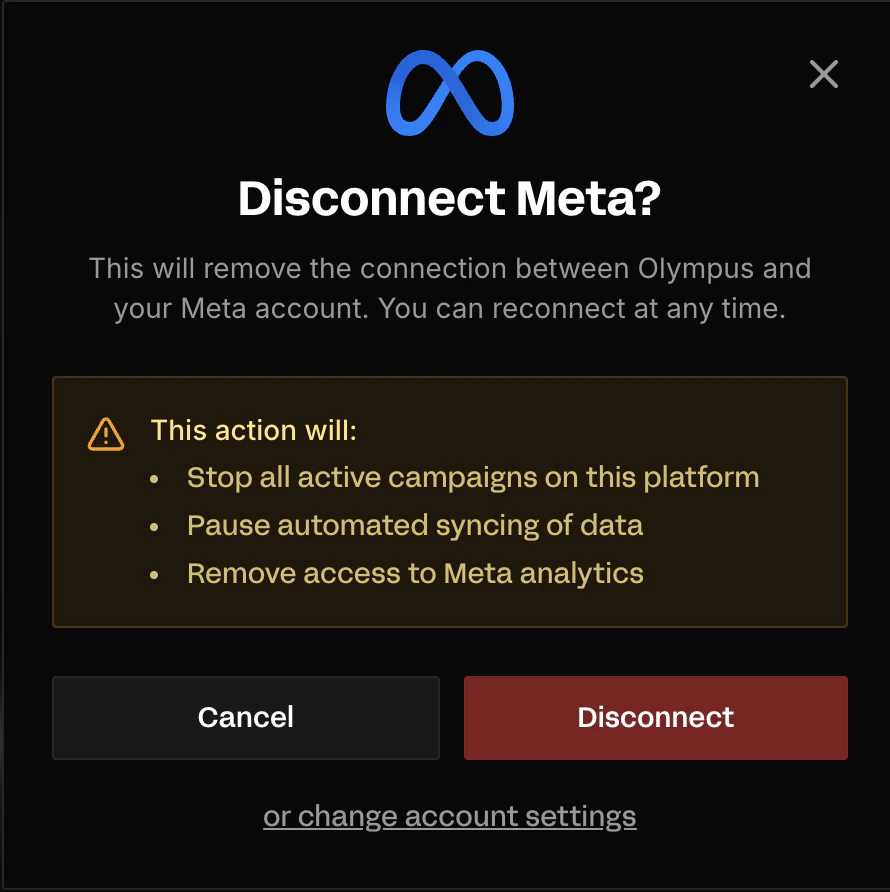 Disconnect Meta pop-up with change account settings link