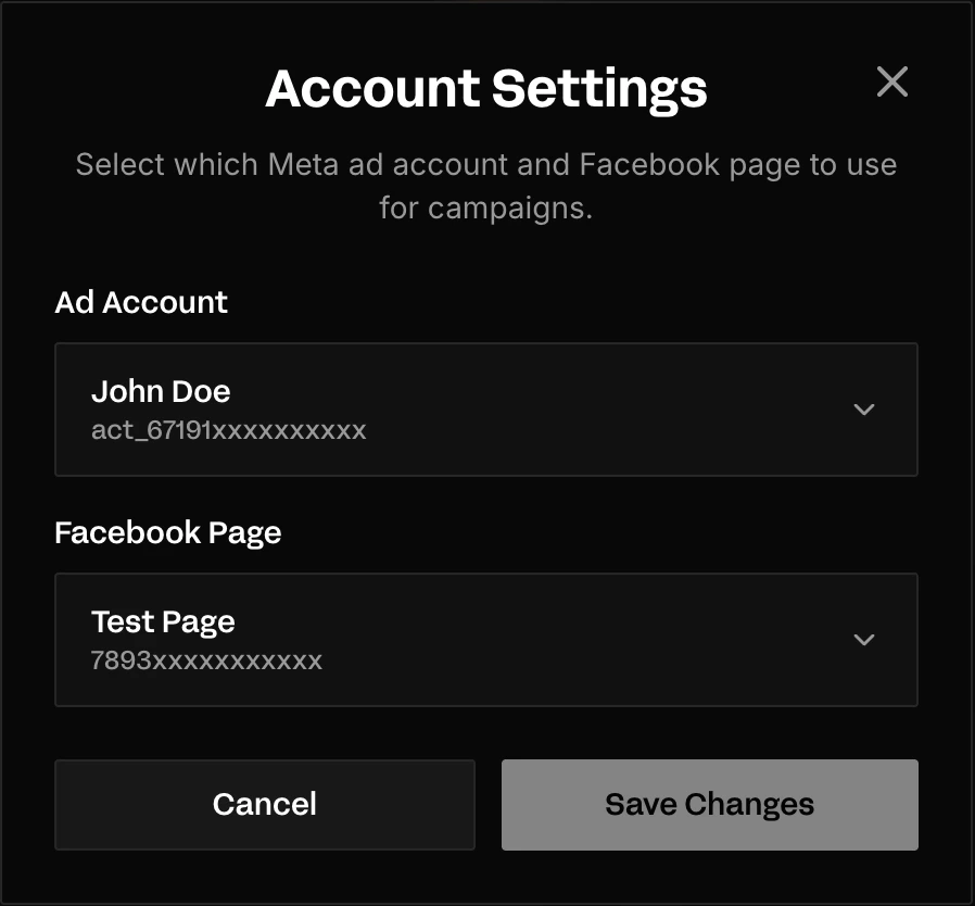 Account Settings dialog for selecting Ad Account and Facebook Page
