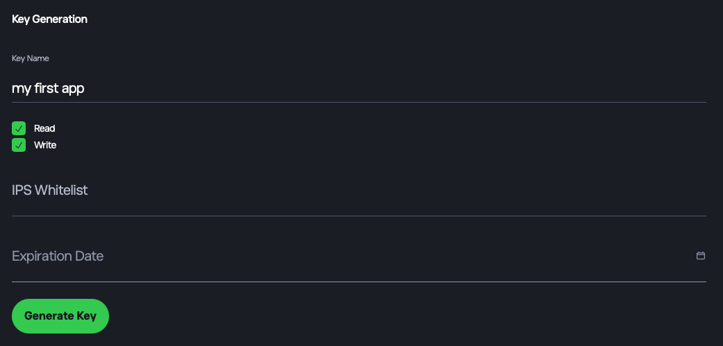API Key Management > Generate Key