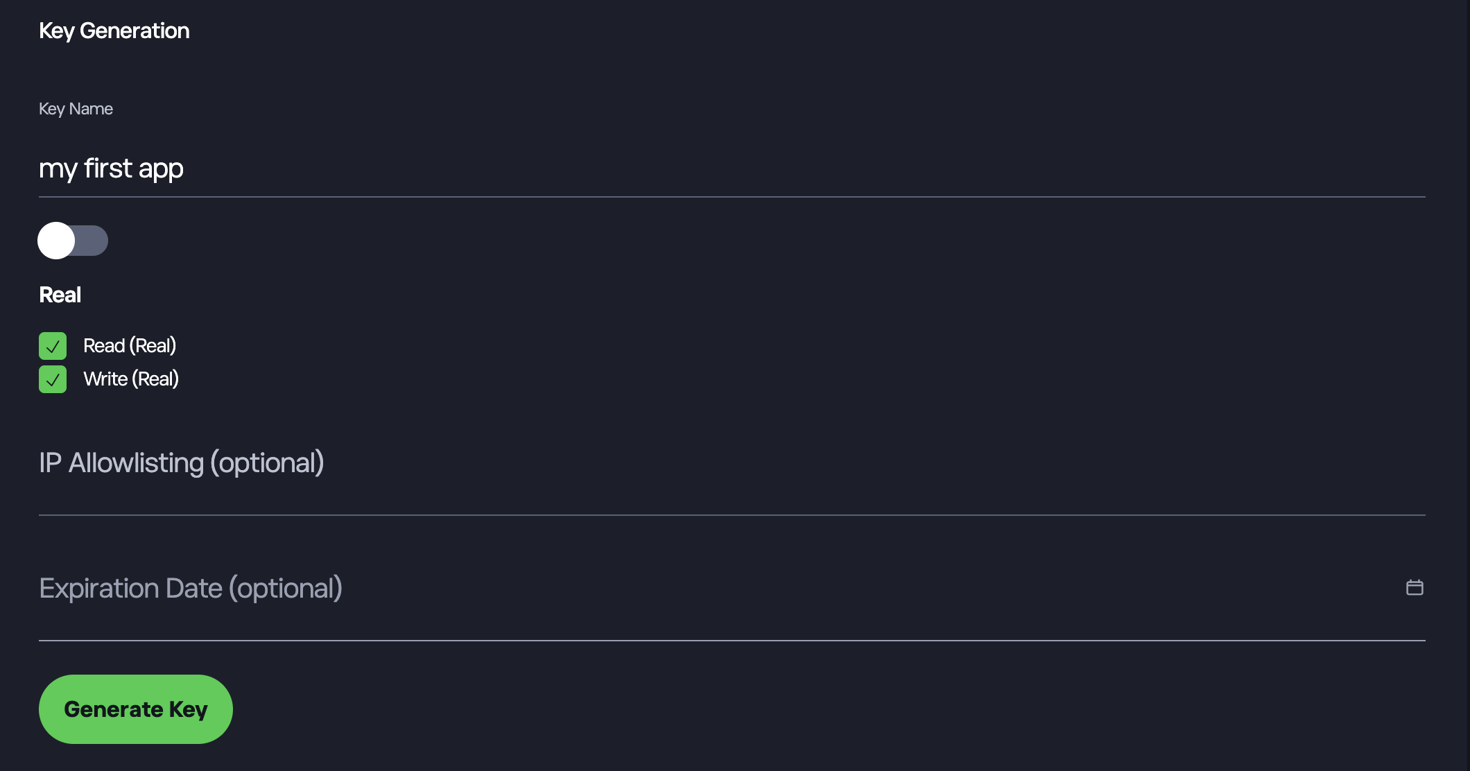 API Key Management > Generate Key