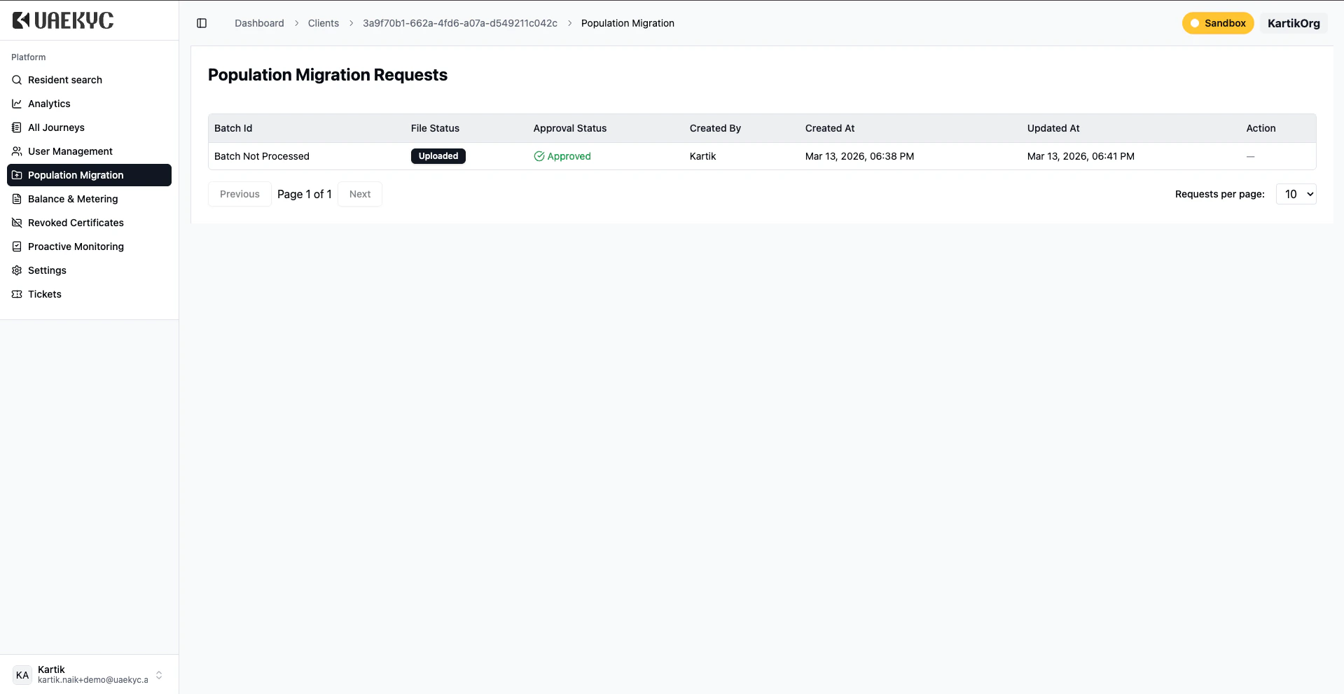 Batch showing Uploaded and Approved status