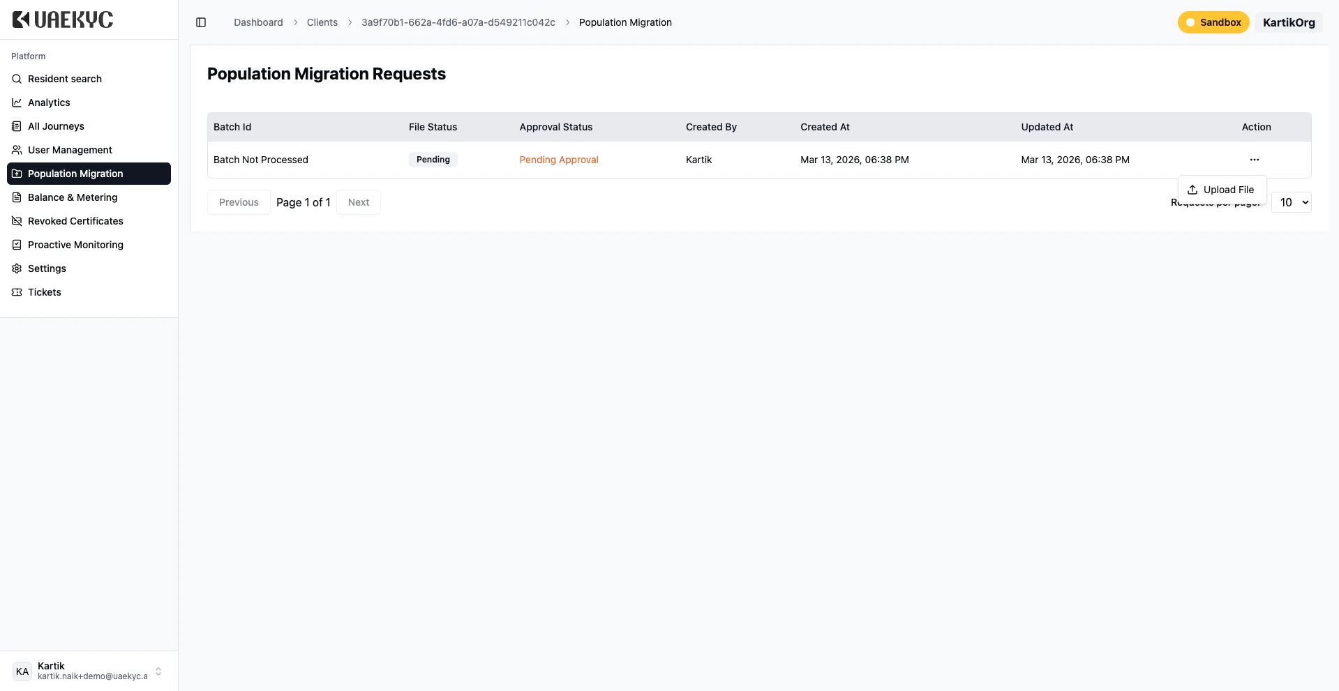 Population Migration Requests page