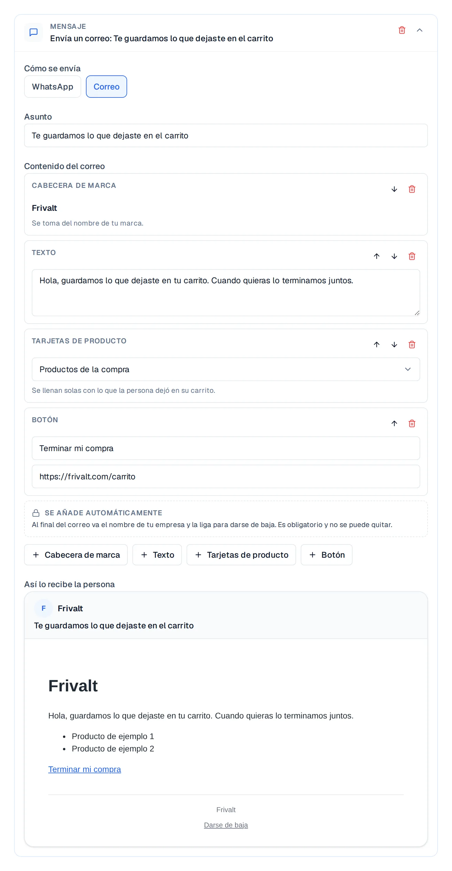 Paso de correo abierto con asunto, bloques de contenido y vista previa.