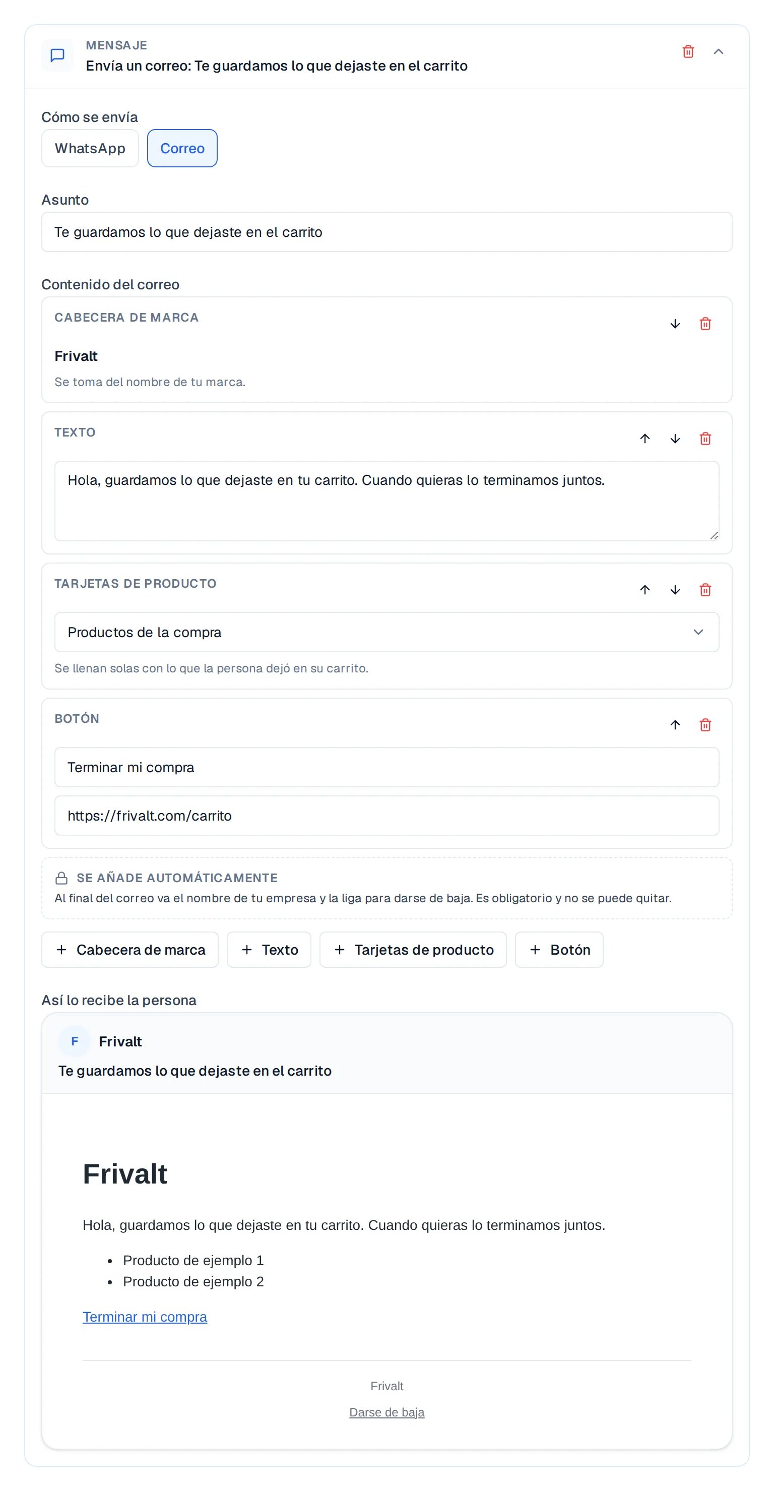 Editor de correo por bloques con cabecera, texto, tarjetas de producto, botón y la vista del correo recibido.