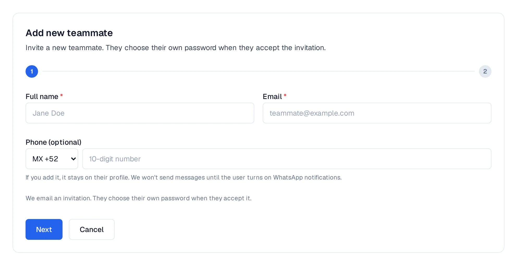 Form with Full name, Email, and optional Phone fields.